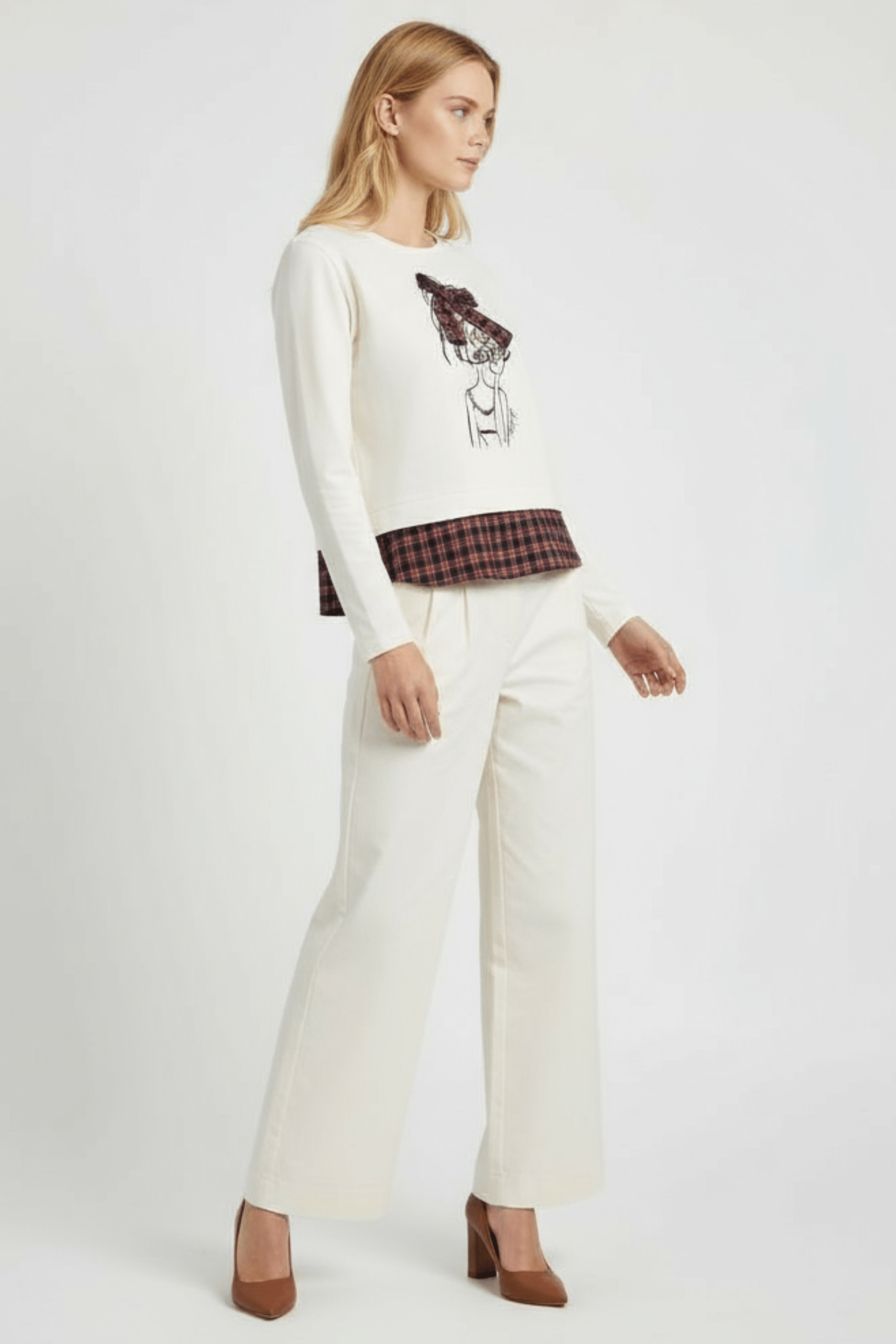 Camiseta blanca con estampado muñeca y lazo cuadro escoces Lolitas&L - lolitasyl.com