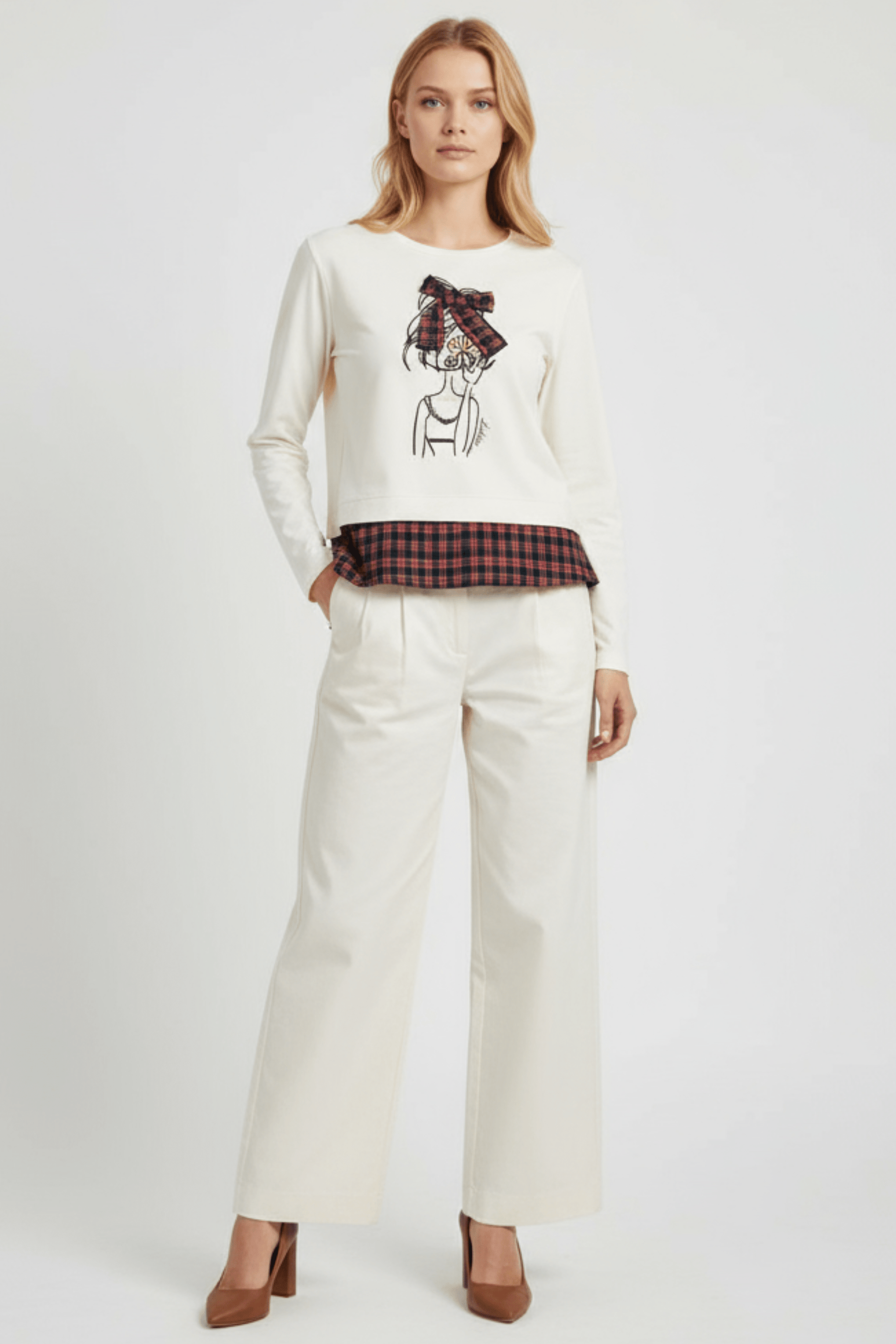 Camiseta blanca con estampado muñeca y lazo cuadro escoces Lolitas&L - lolitasyl.com