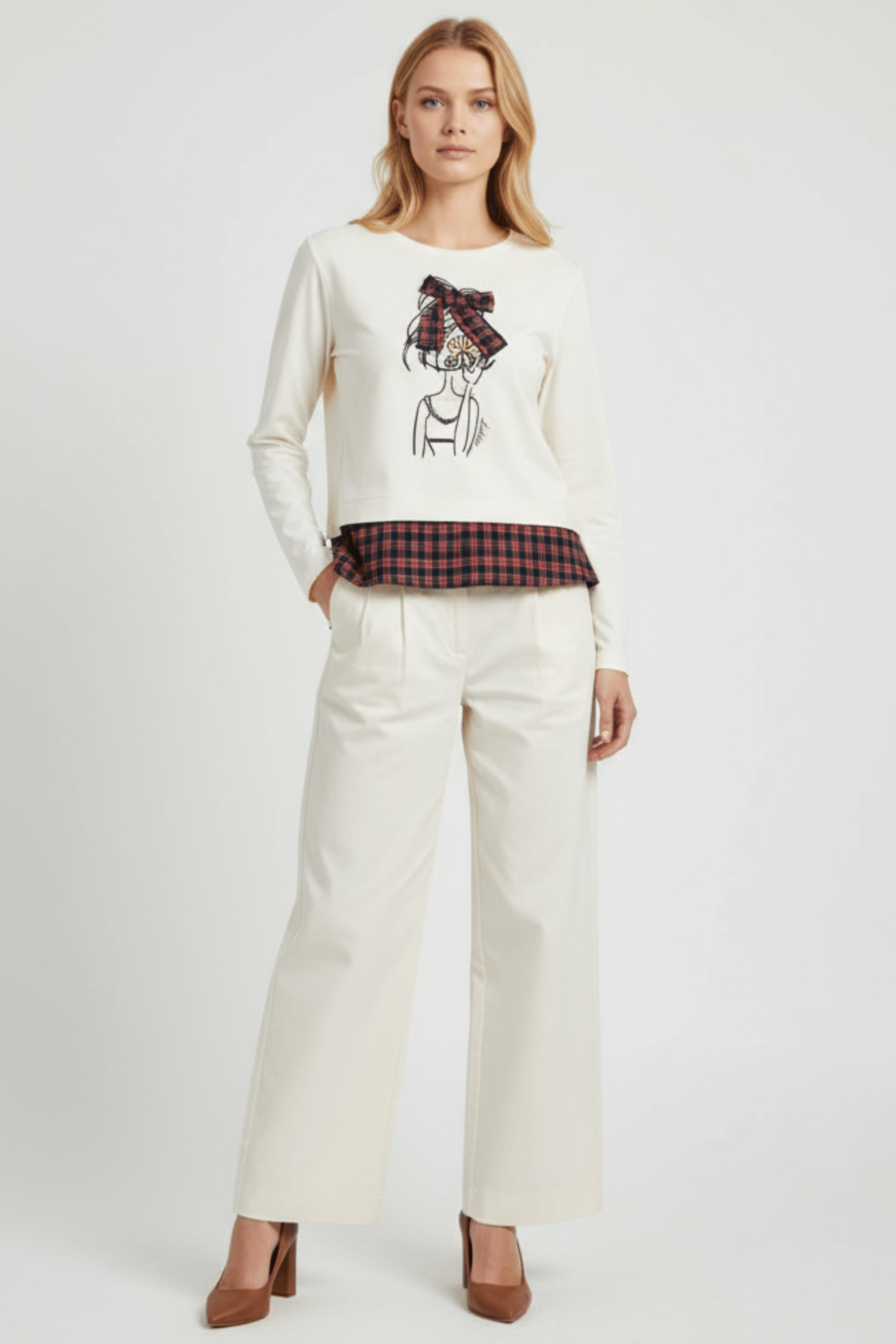 Camiseta blanca con estampado muñeca y lazo cuadro escoces Lolitas&L - lolitasyl.com