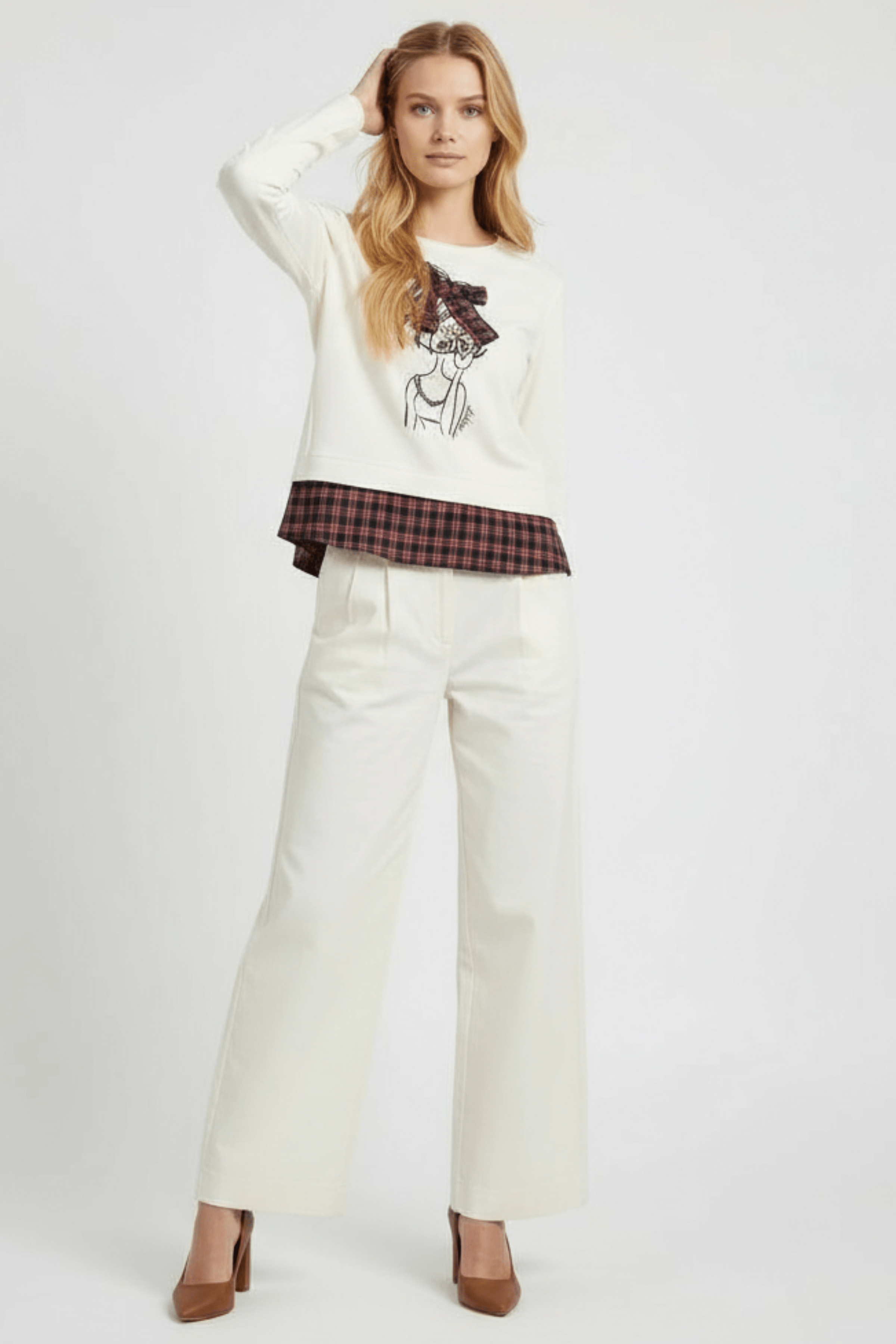 Camiseta blanca con estampado muñeca y lazo cuadro escoces Lolitas&L - lolitasyl.com