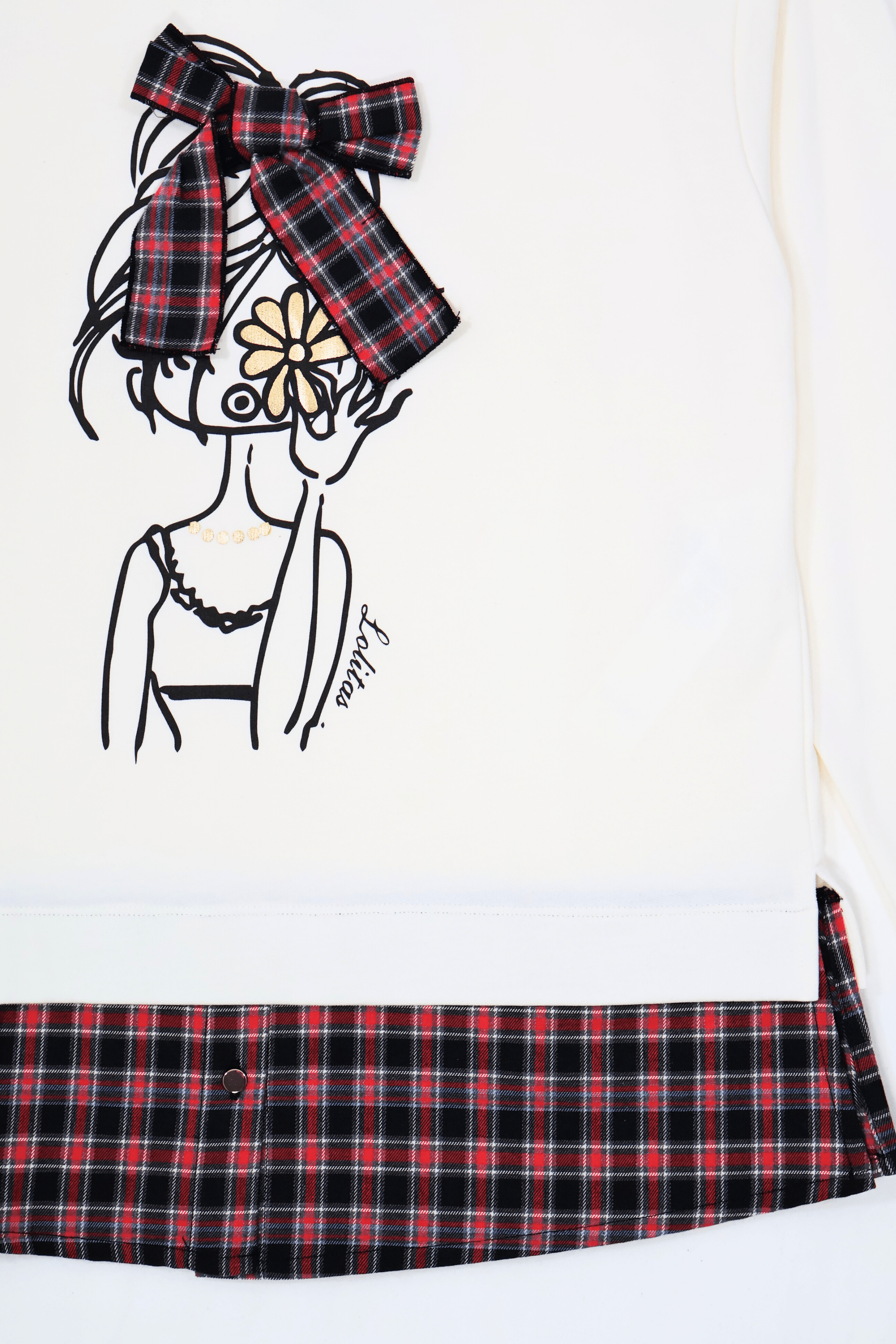 Camiseta blanca con estampado muñeca y lazo cuadro escoces Lolitas&L - lolitasyl.com