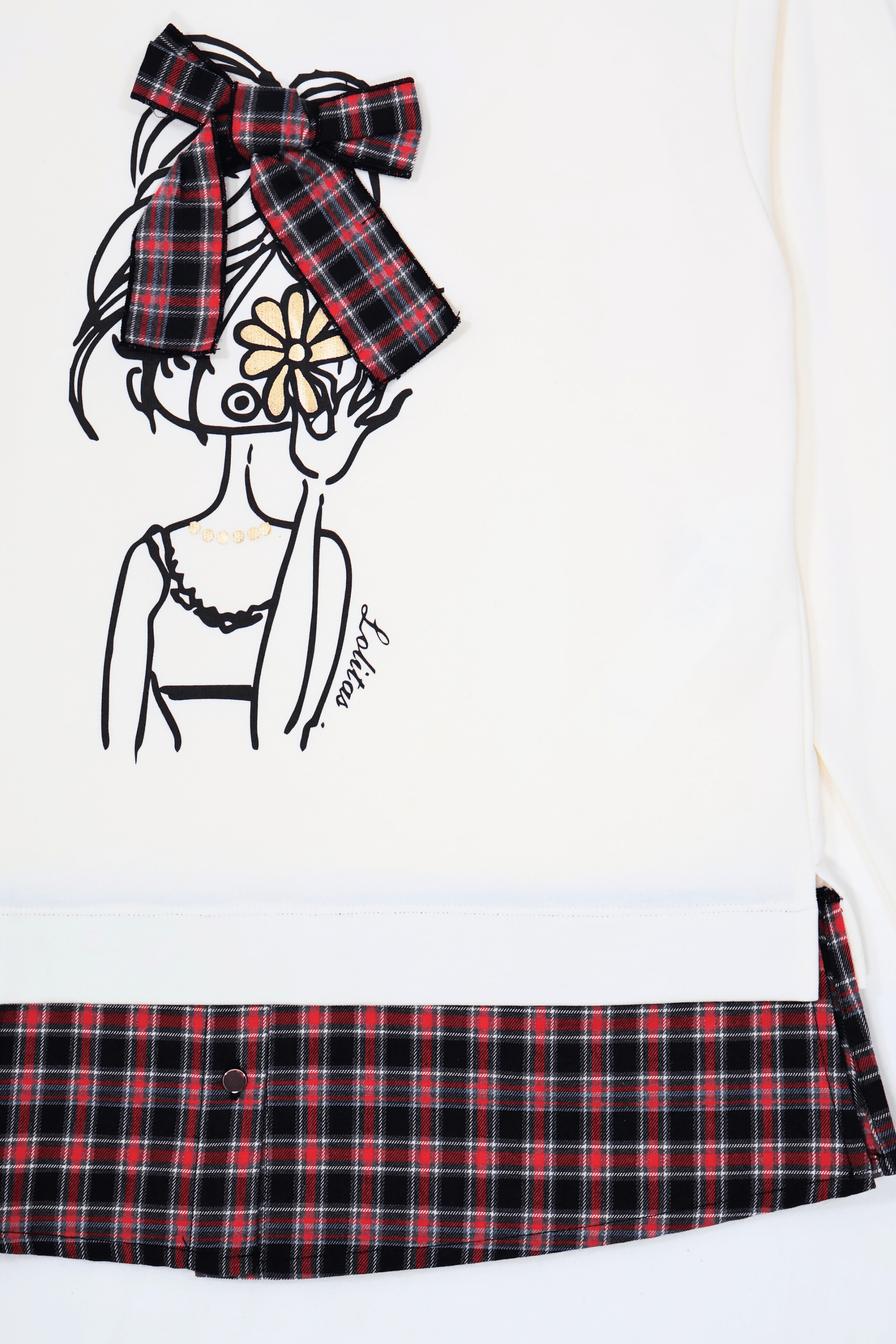 Camiseta blanca con estampado muñeca y lazo cuadro escoces Lolitas&L - lolitasyl.com