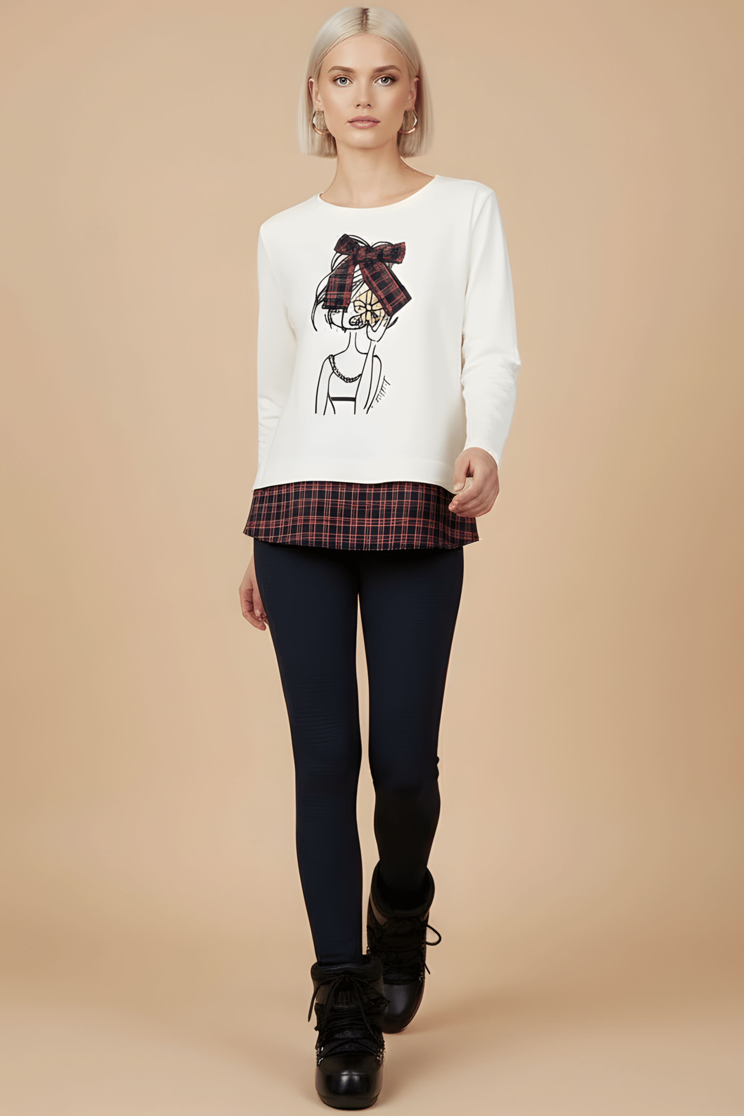 Camiseta blanca con estampado muñeca y lazo cuadro escoces Lolitas&L - lolitasyl.com