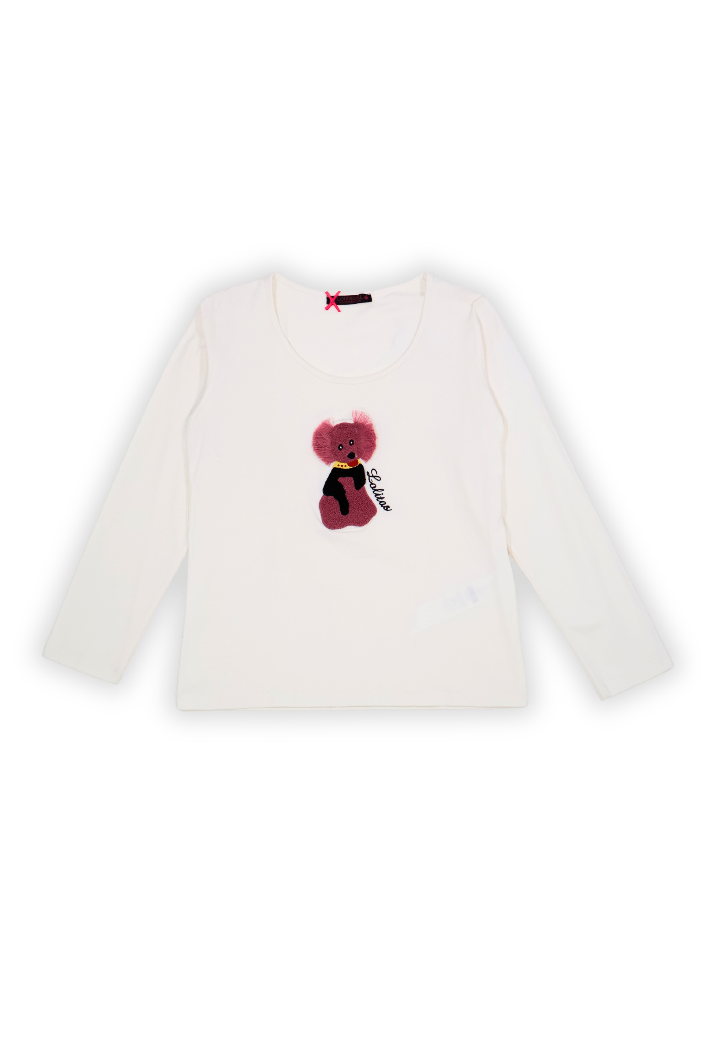 Camiseta blanca con osito fucsia bordado manga larga Lolitas&L - lolitasyl.com