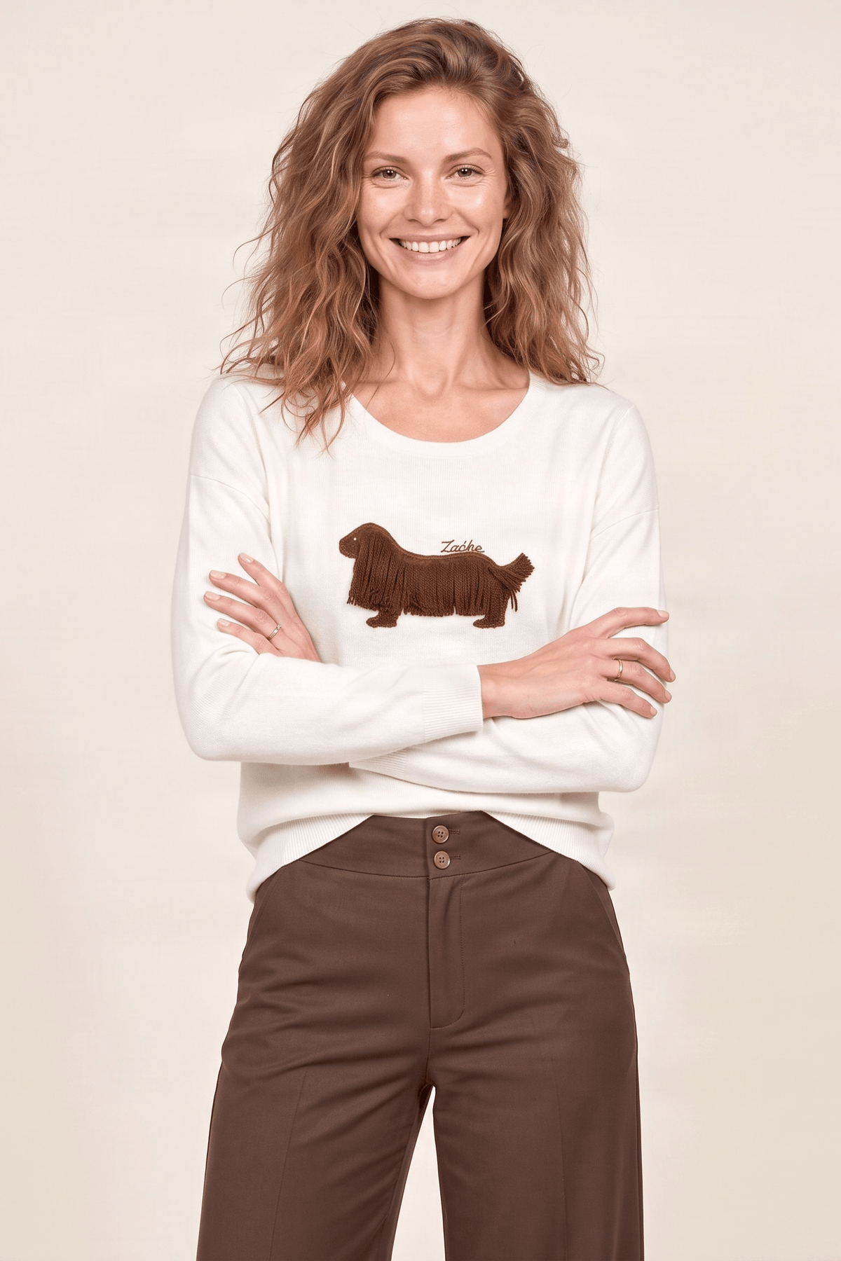 Camiseta blanca con perro bordado de flecos manga larga Lolitas&L - lolitasyl.com