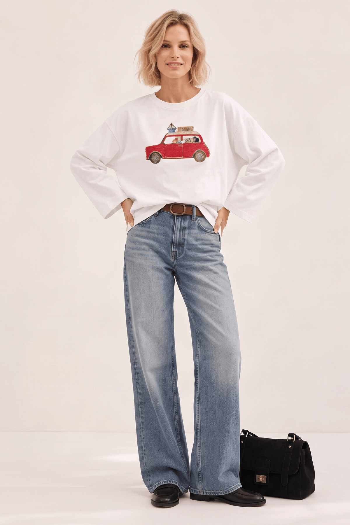 Camiseta Blanca de Manga Larga con Coche Bordado en Punto de Cruz – Lolitas&L - lolitasyl.com
