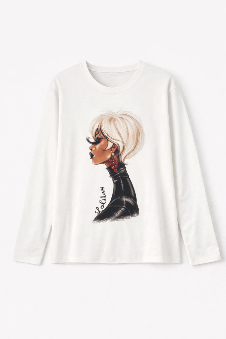 Camiseta Blanca de Manga Larga con Print Digital Ilustrado y Accesorios – Lolitas&L - lolitasyl.com