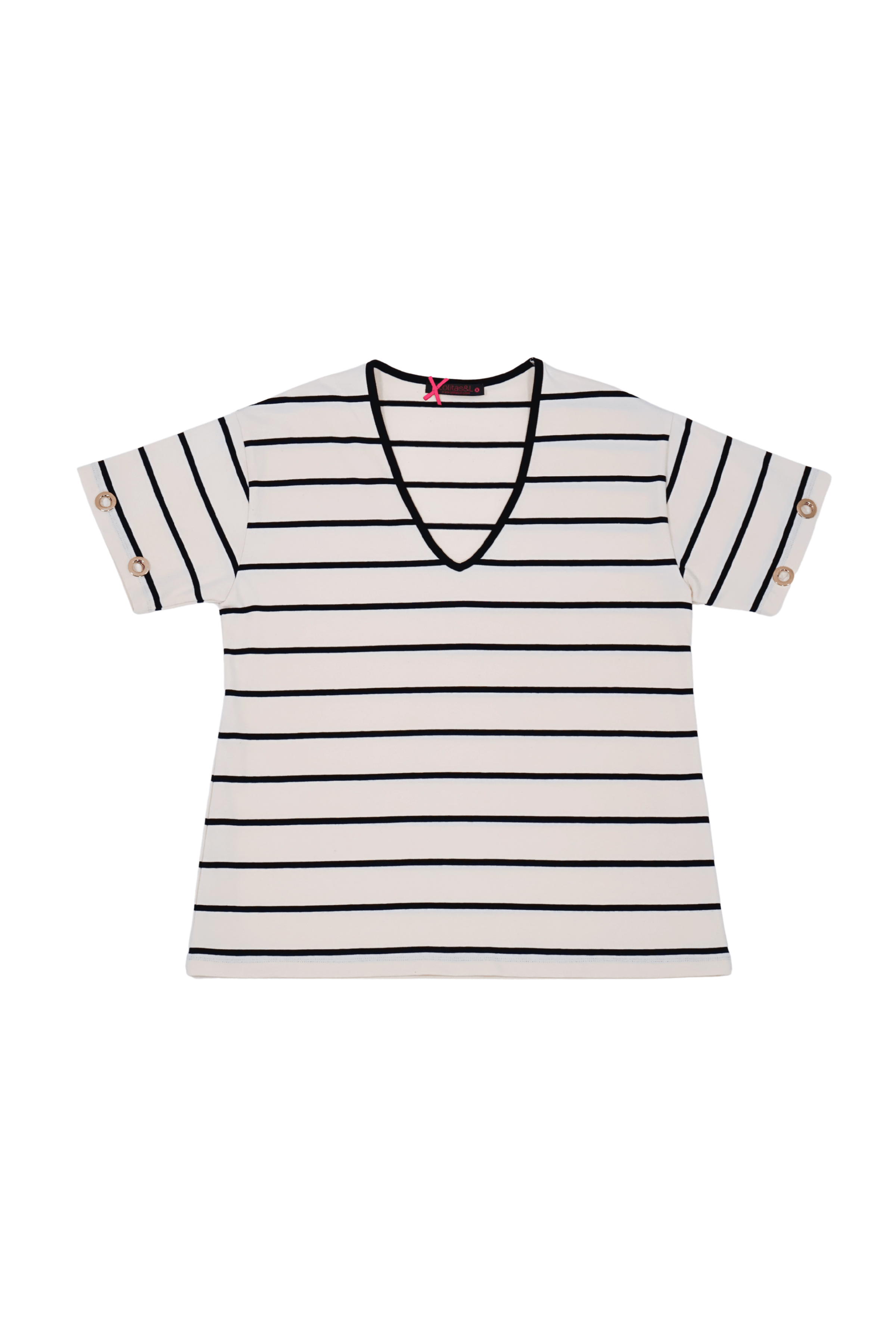 Camiseta blanca de rayas escote uve Lolitas&L - lolitasyl.com