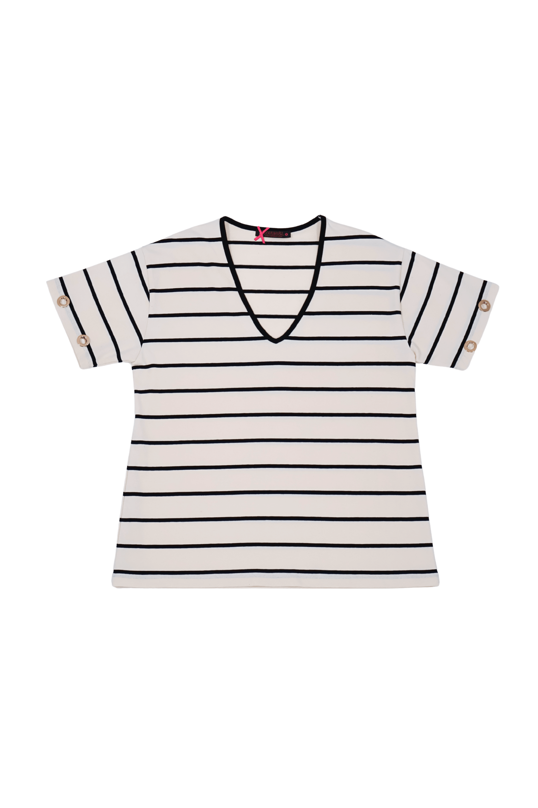 Camiseta blanca de rayas escote uve Lolitas&L - lolitasyl.com