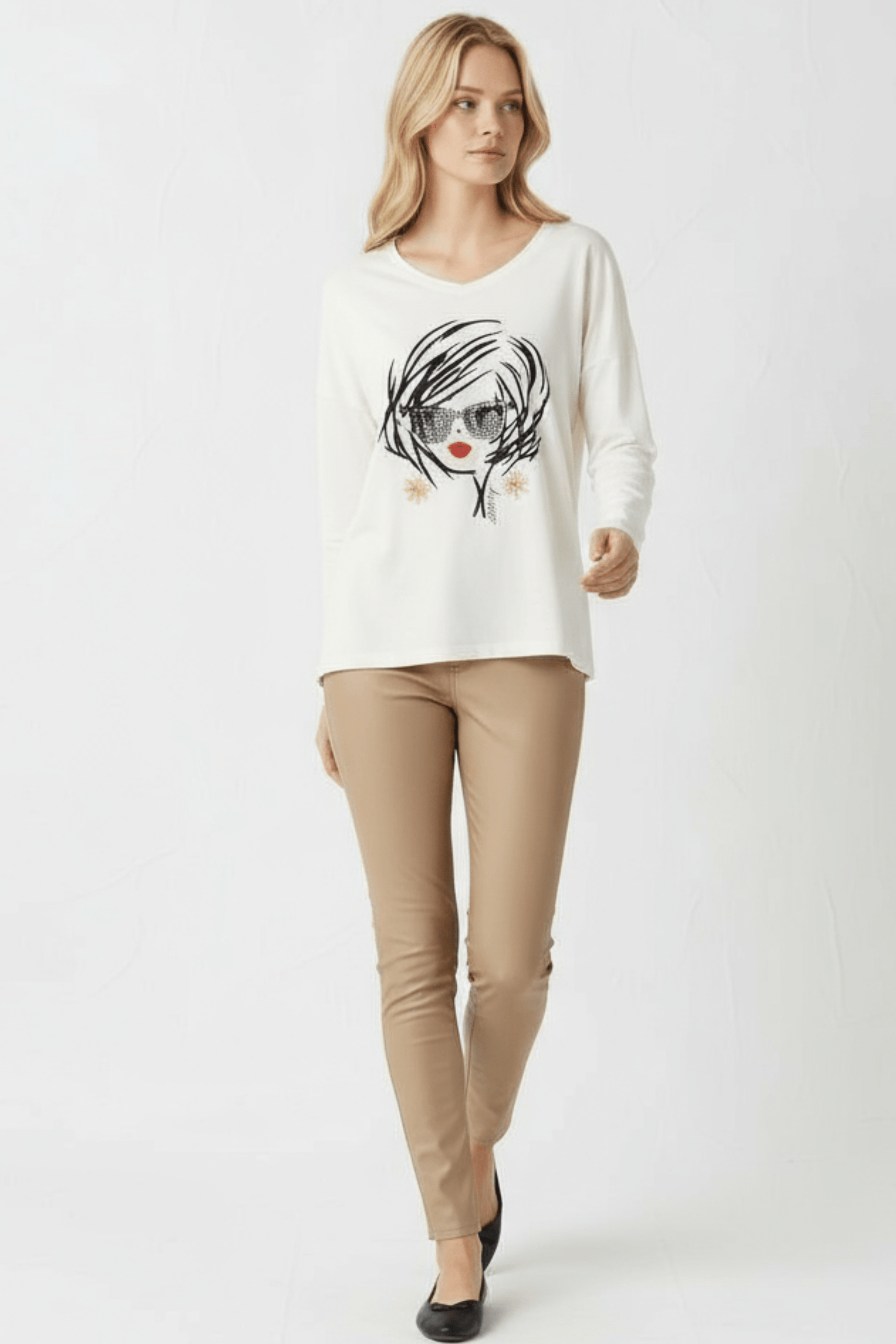 Camiseta blanca estampado cara con gafas manga larga Lolitas&L - lolitasyl.com