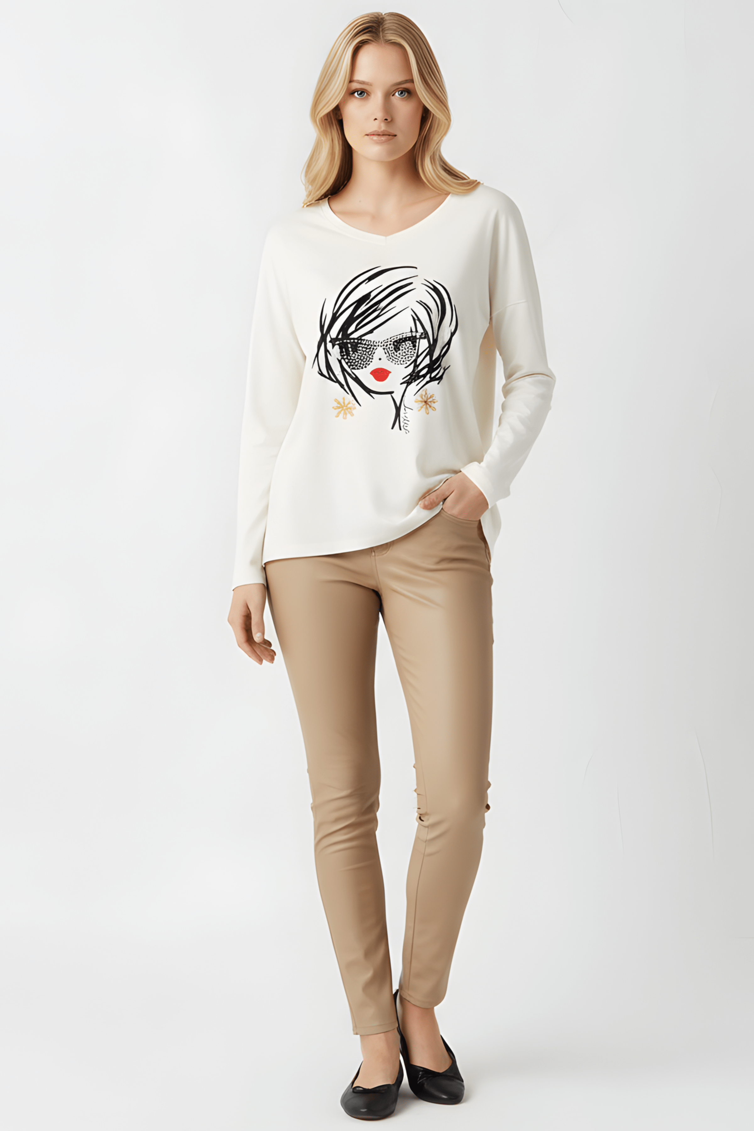 Camiseta blanca estampado cara con gafas manga larga Lolitas&L - lolitasyl.com