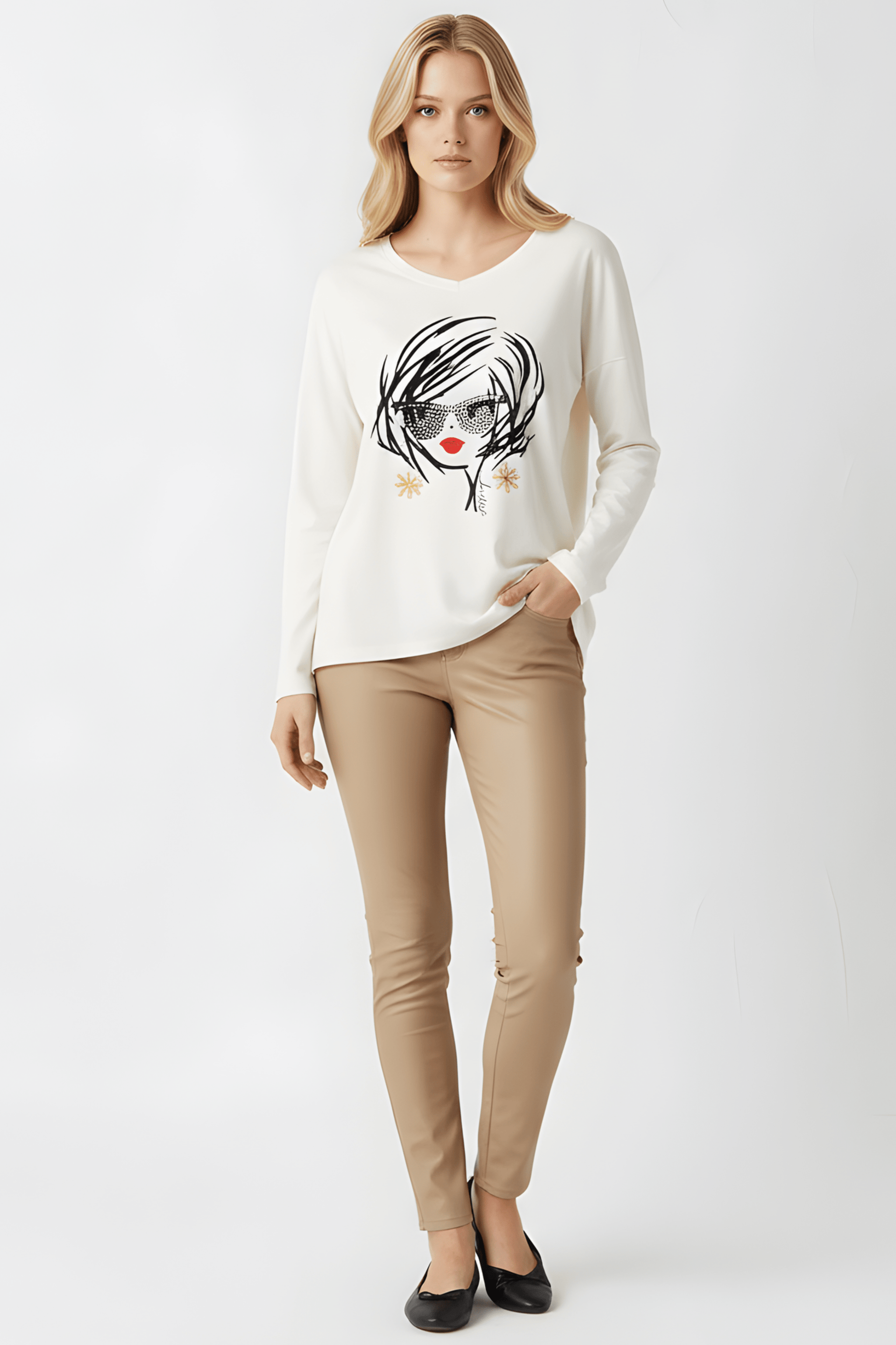 Camiseta blanca estampado cara con gafas manga larga Lolitas&L - lolitasyl.com