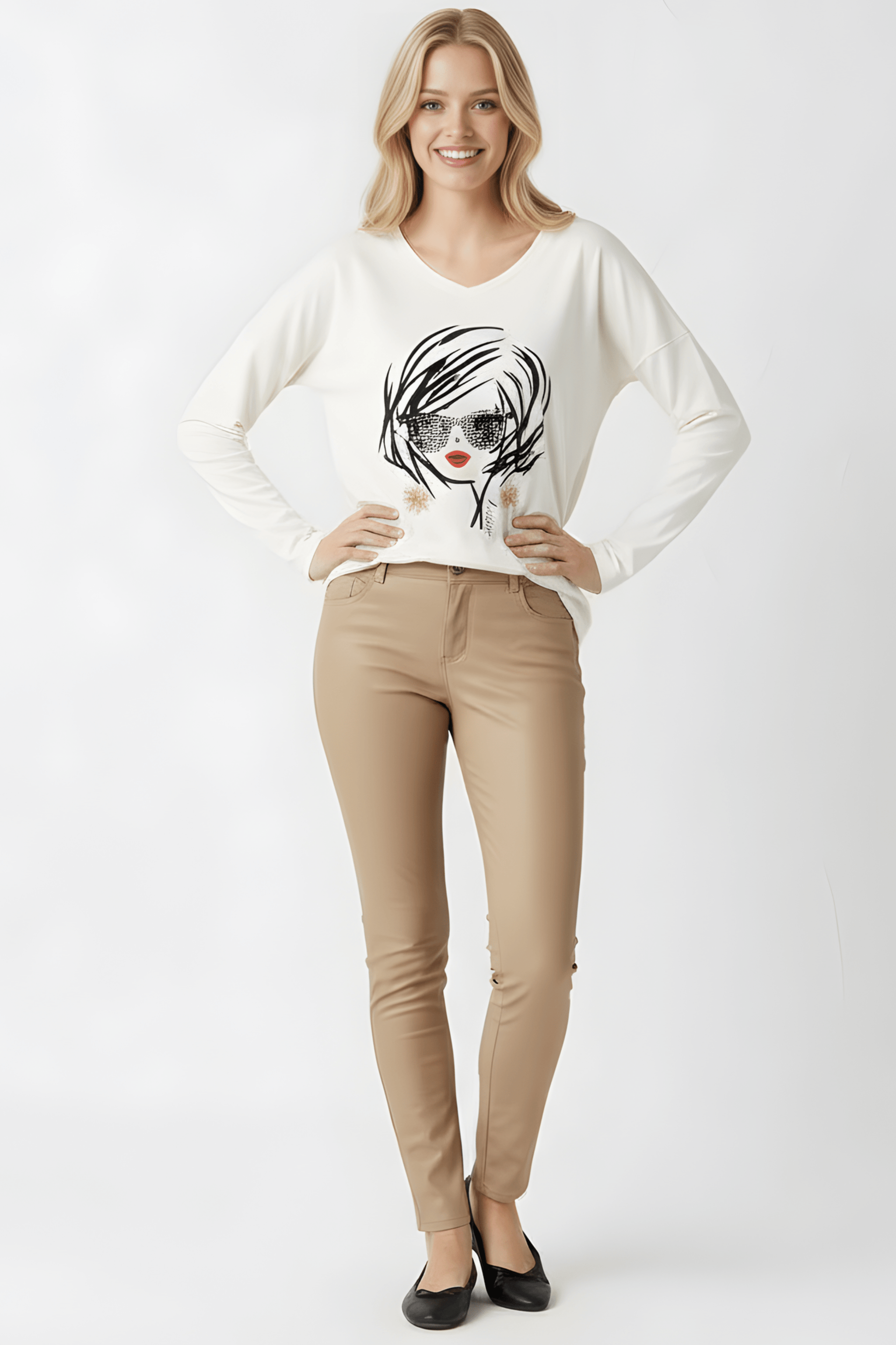 Camiseta blanca estampado cara con gafas manga larga Lolitas&L - lolitasyl.com