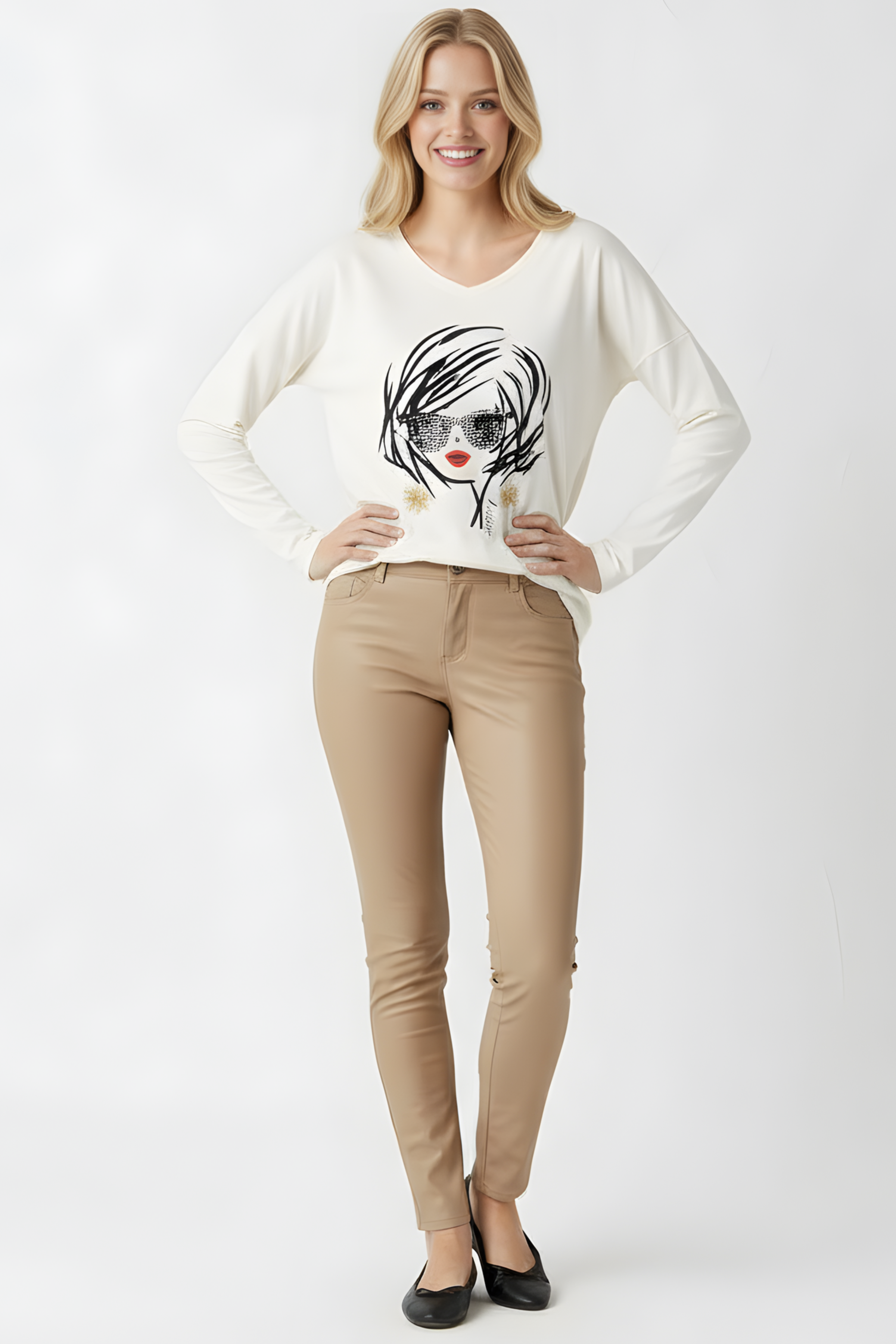 Camiseta blanca estampado cara con gafas manga larga Lolitas&L