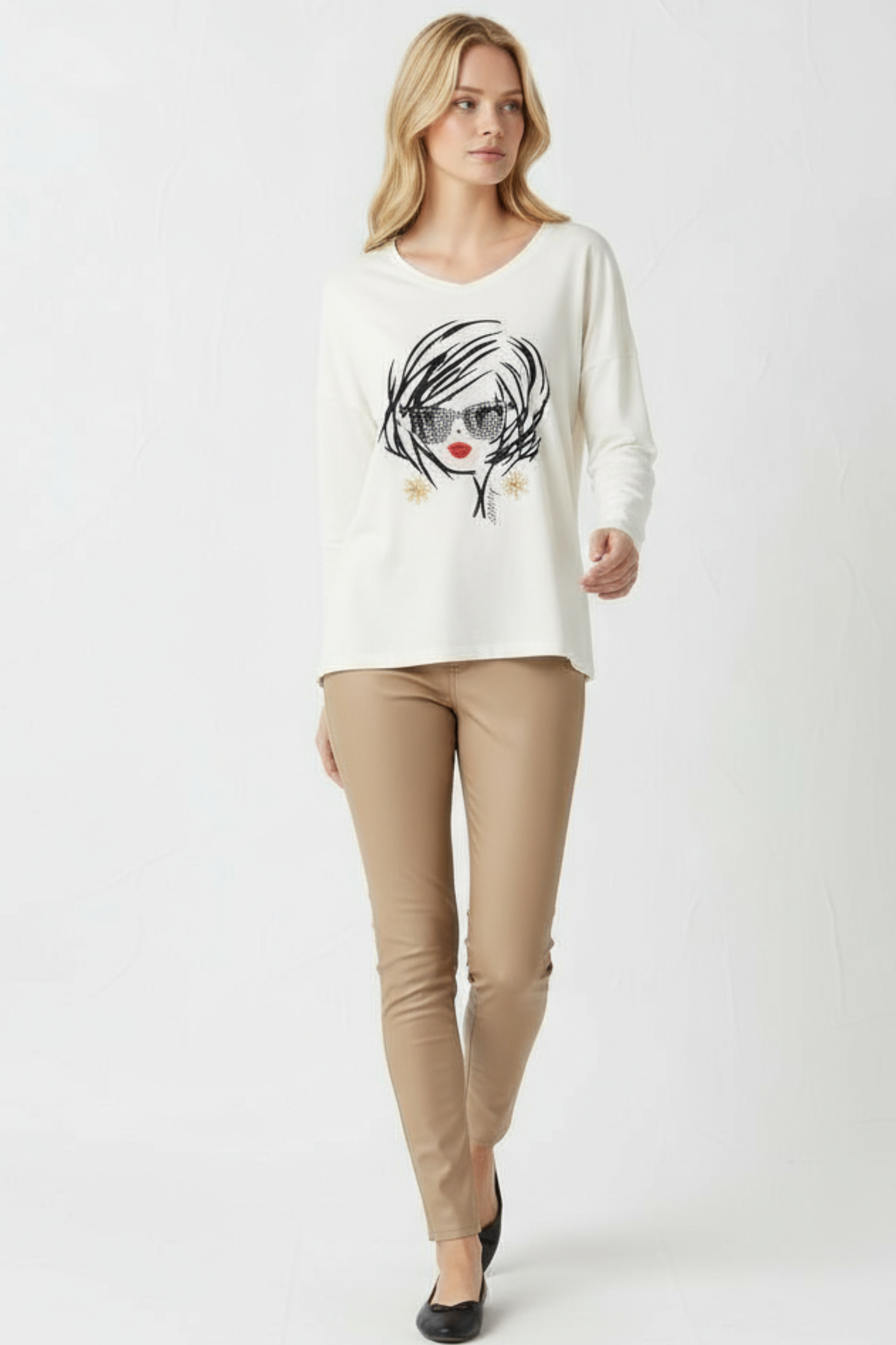 Camiseta blanca estampado cara con gafas manga larga Lolitas&L