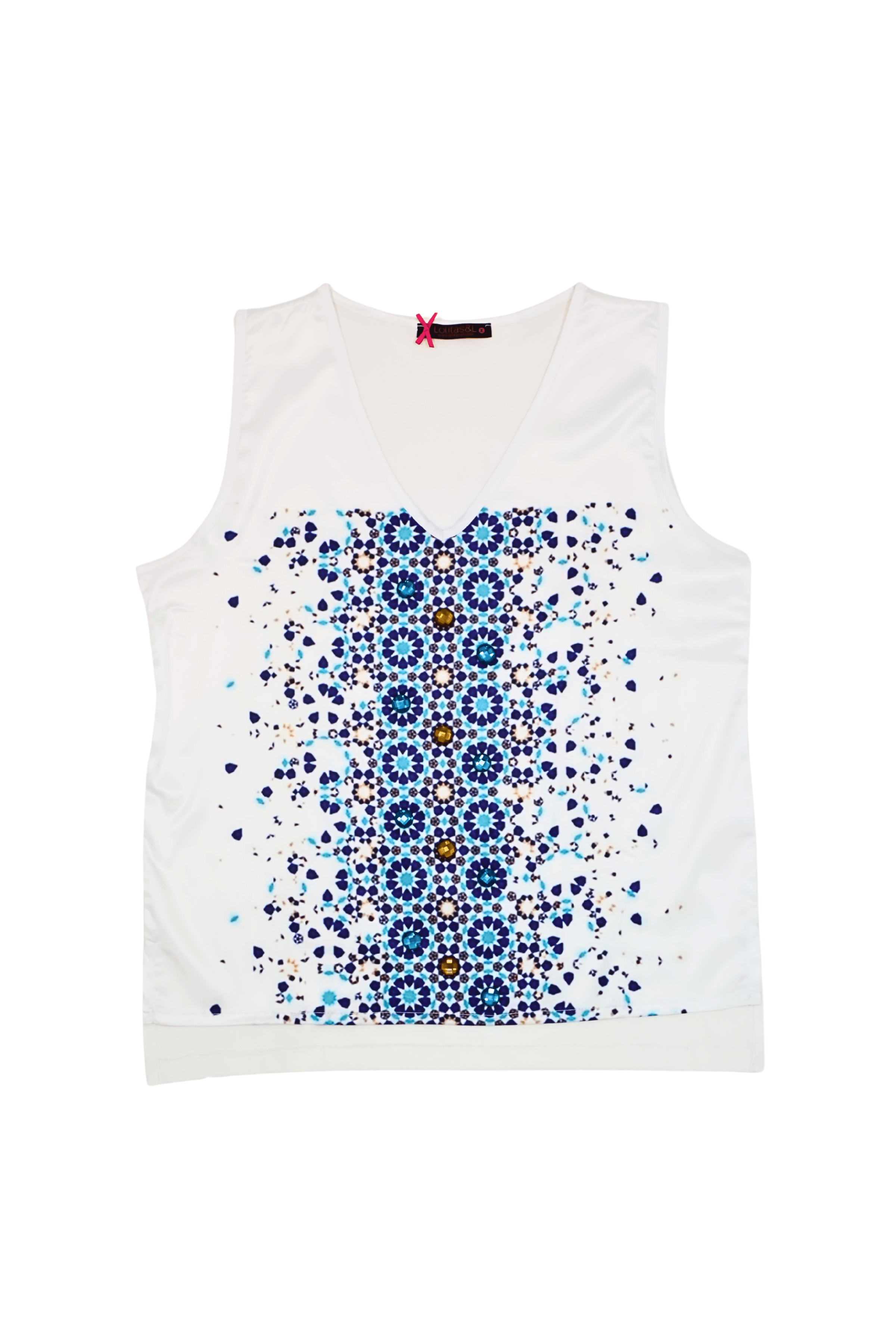 Camiseta blanca estampado mandala tonos azules sin mangas Lolitas&L - lolitasyl.com