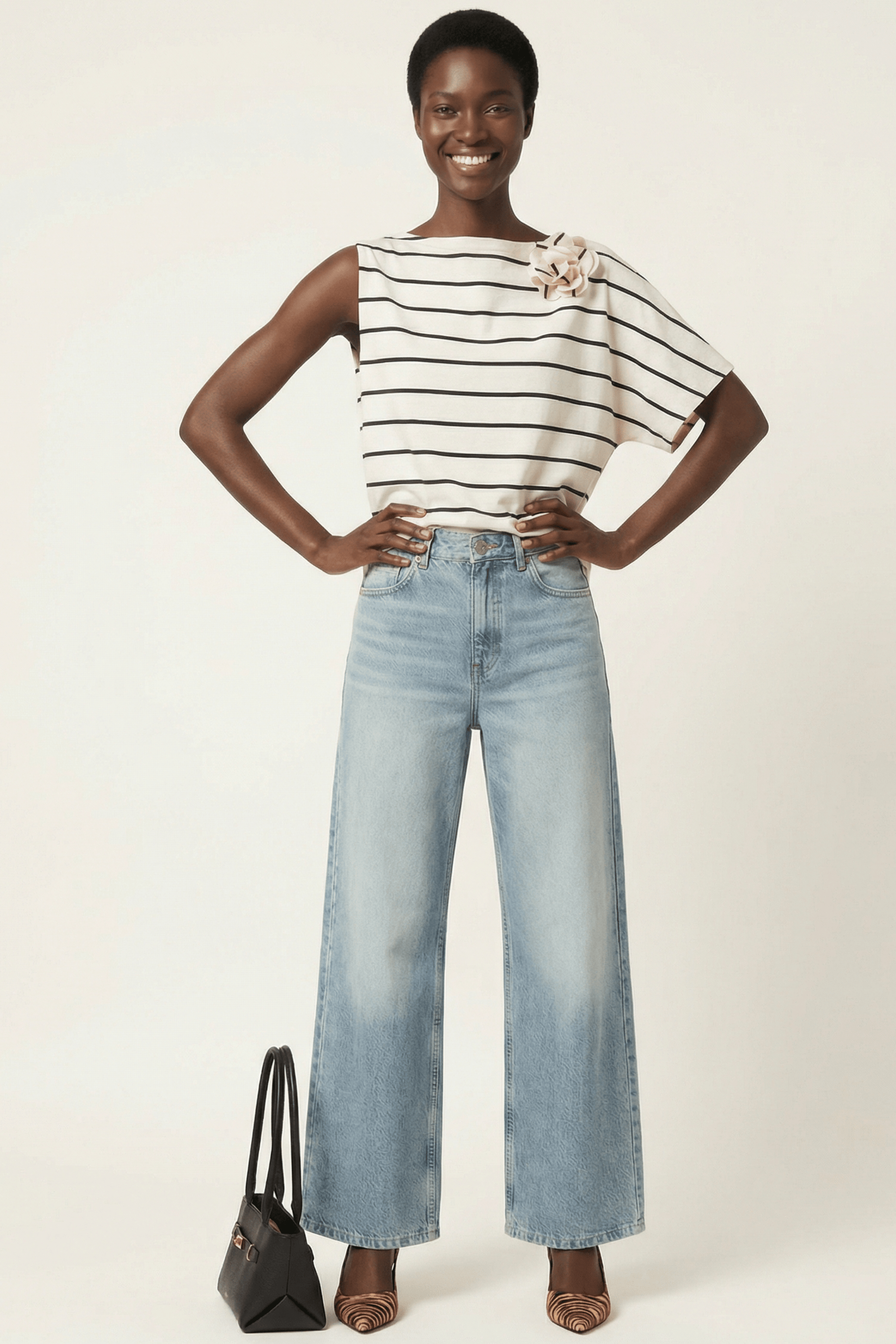 Camiseta blanca rayas asimetrica con flor Lolitas&L - lolitasyl.com