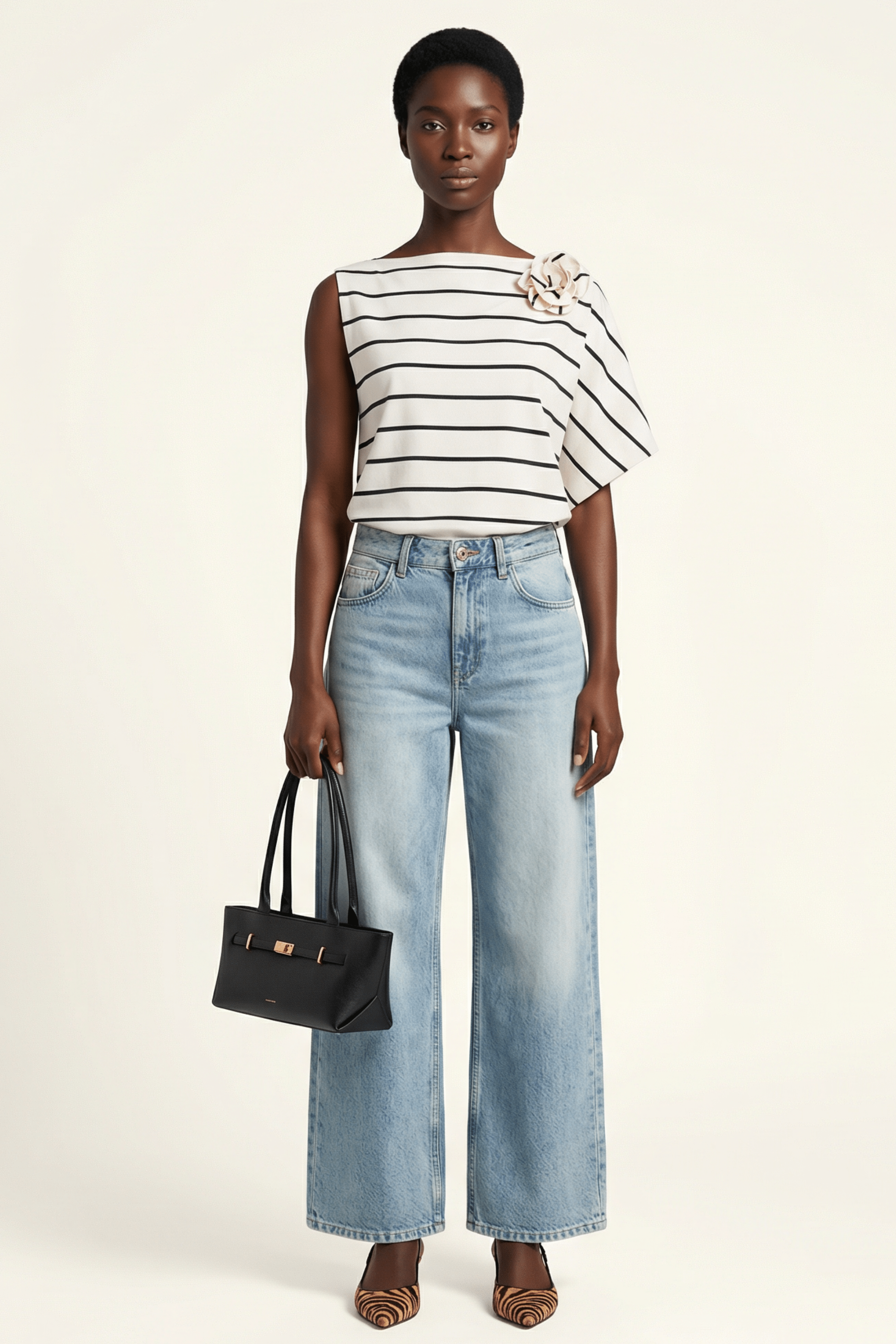 Camiseta blanca rayas asimetrica con flor Lolitas&L - lolitasyl.com