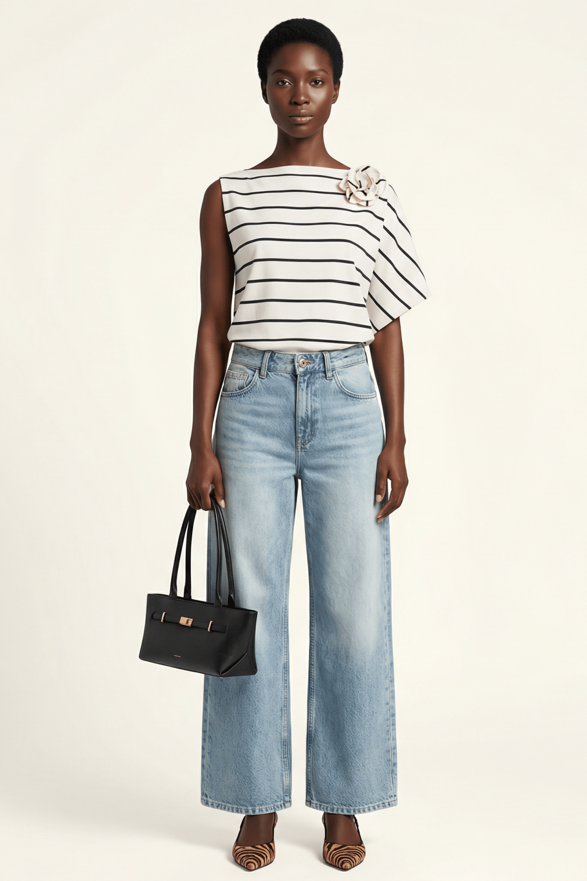 Camiseta blanca rayas asimetrica con flor Lolitas&L - lolitasyl.com