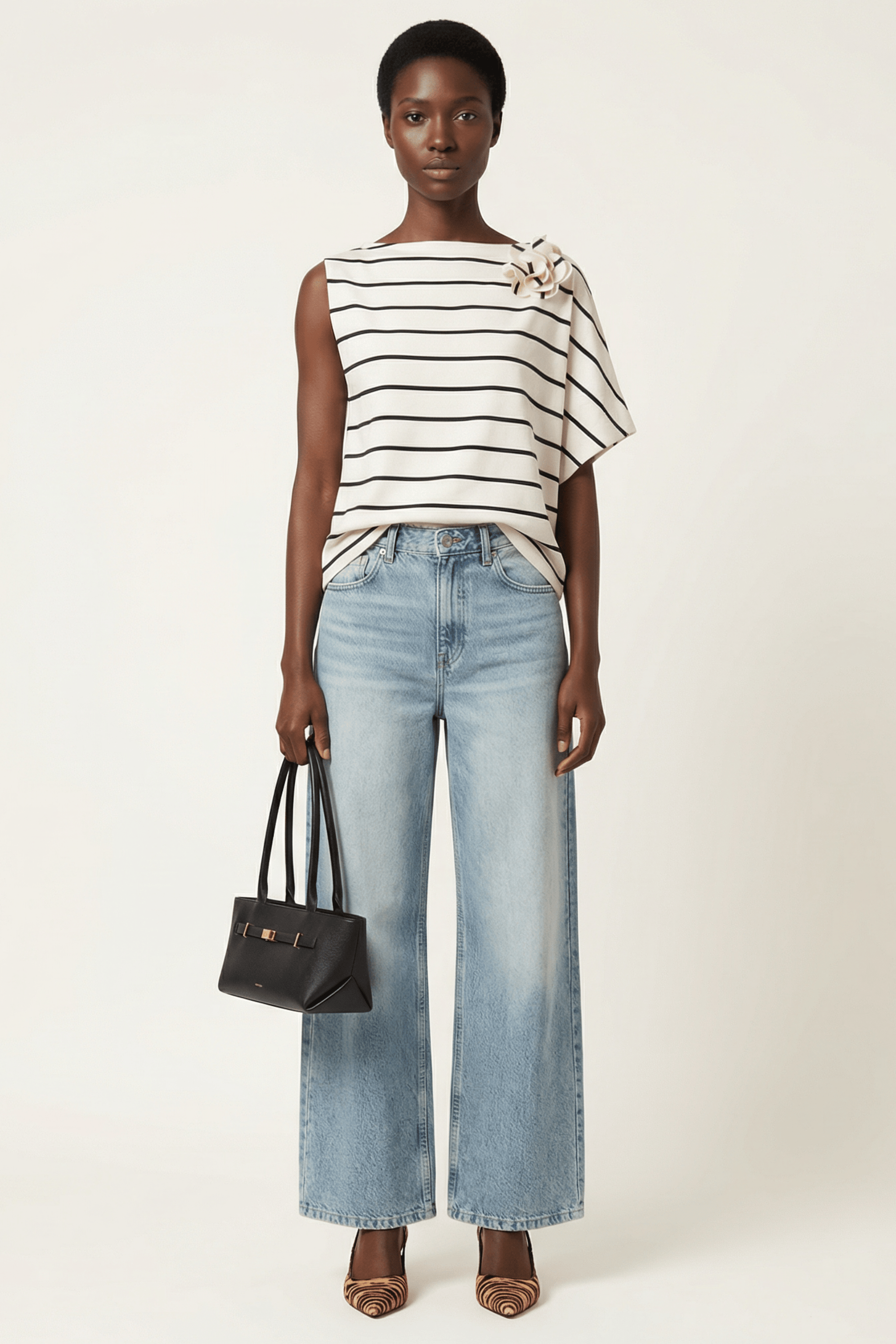 Camiseta blanca rayas asimetrica con flor Lolitas&L - lolitasyl.com