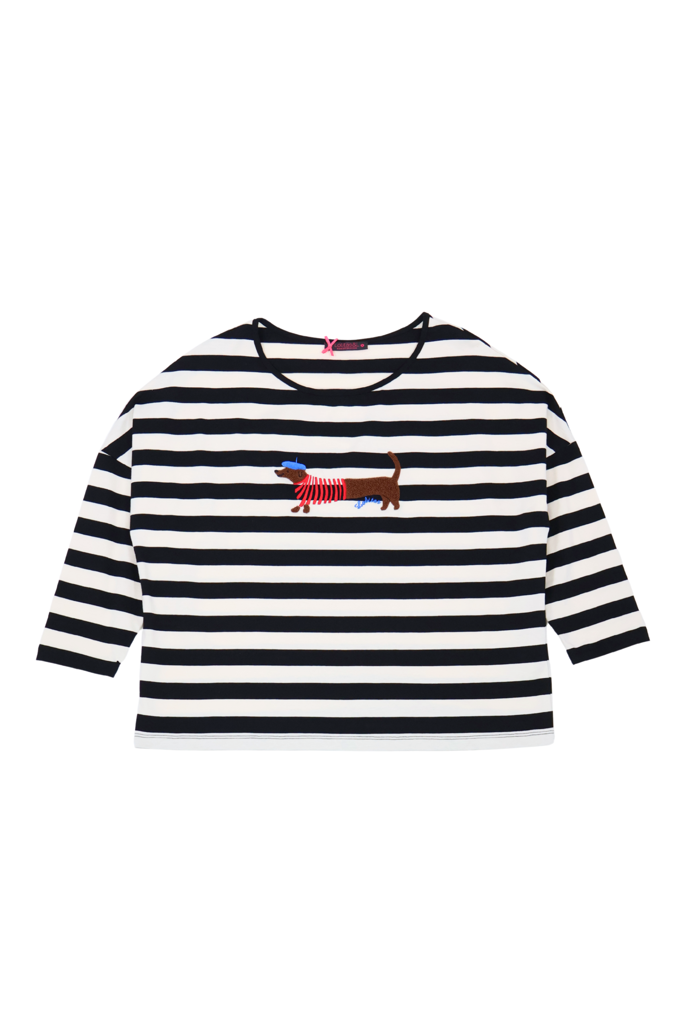 Camiseta blanca rayas con bordado perrito salchicha Lolitas&L