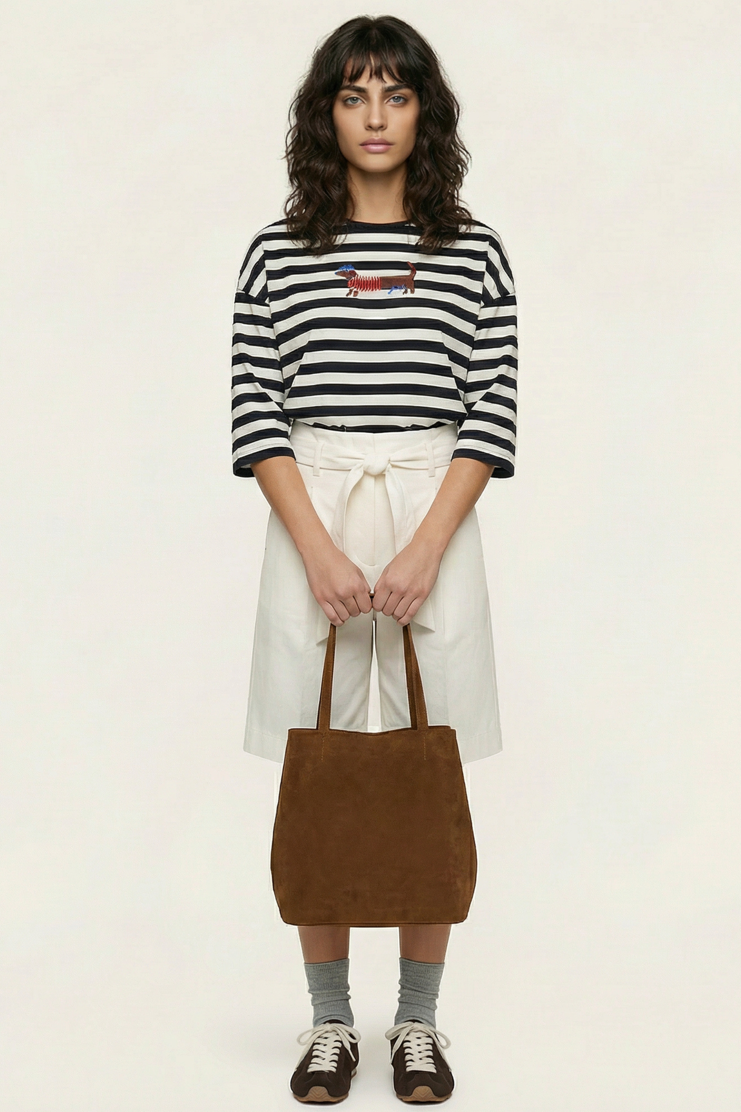 Camiseta blanca rayas con bordado perrito salchicha Lolitas&L