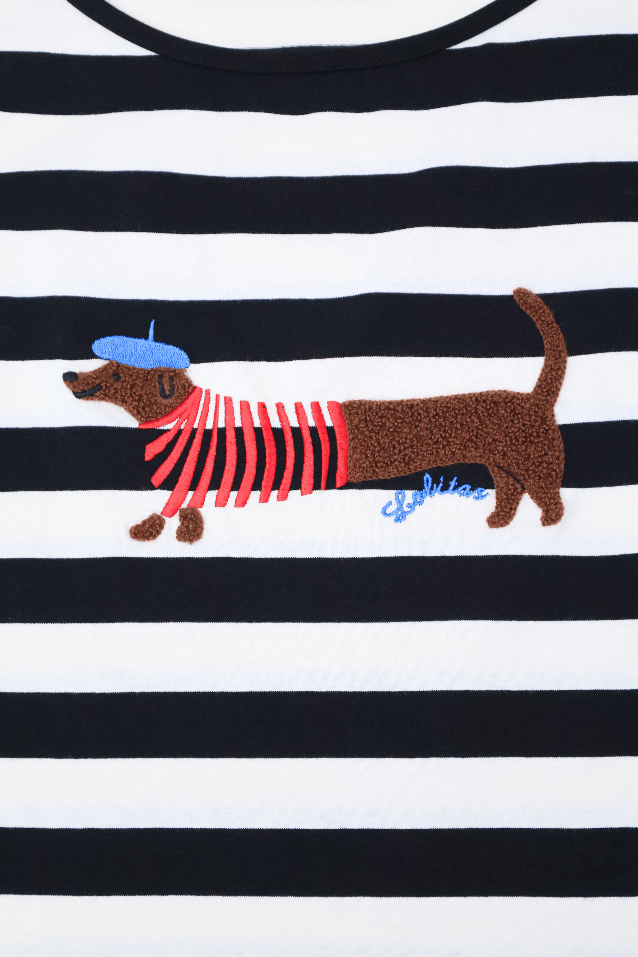 Camiseta blanca rayas con bordado perrito salchicha Lolitas&L - lolitasyl.com