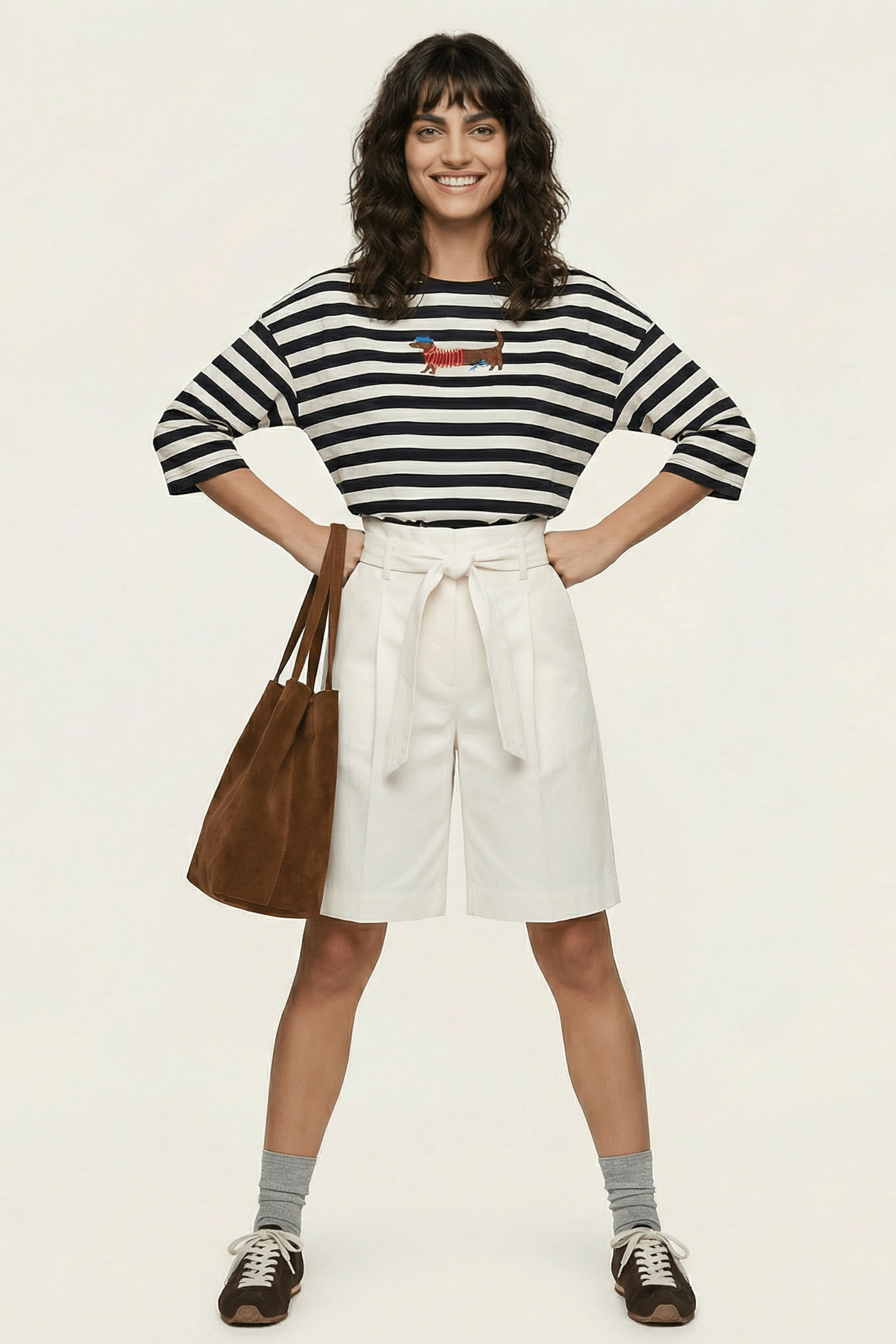 Camiseta blanca rayas con bordado perrito salchicha Lolitas&L - lolitasyl.com