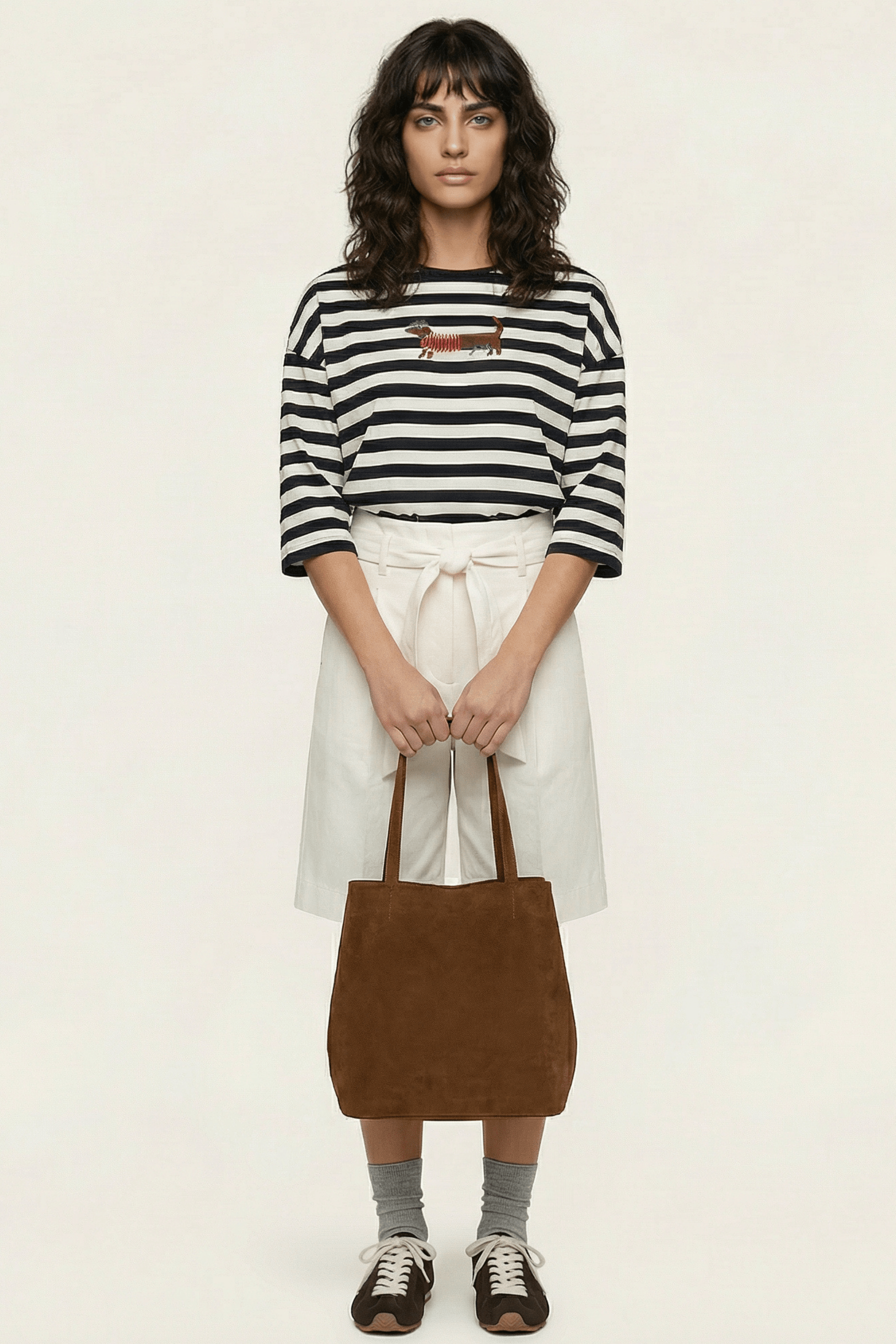 Camiseta blanca rayas con bordado perrito salchicha Lolitas&L - lolitasyl.com