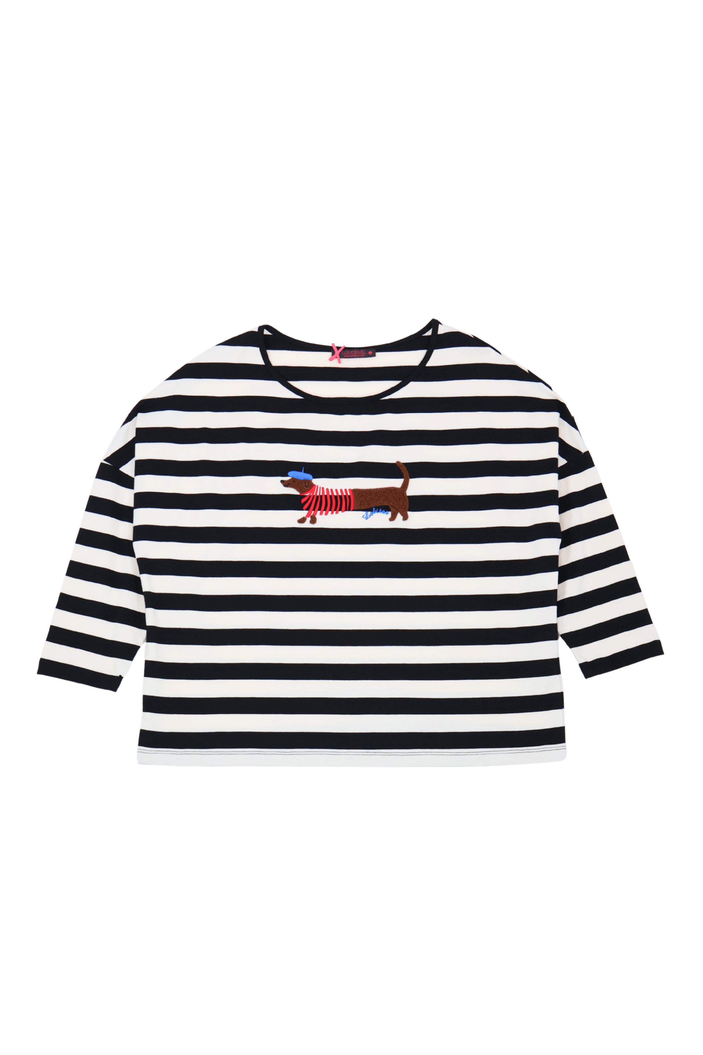 Camiseta blanca rayas con bordado perrito salchicha Lolitas&L - lolitasyl.com