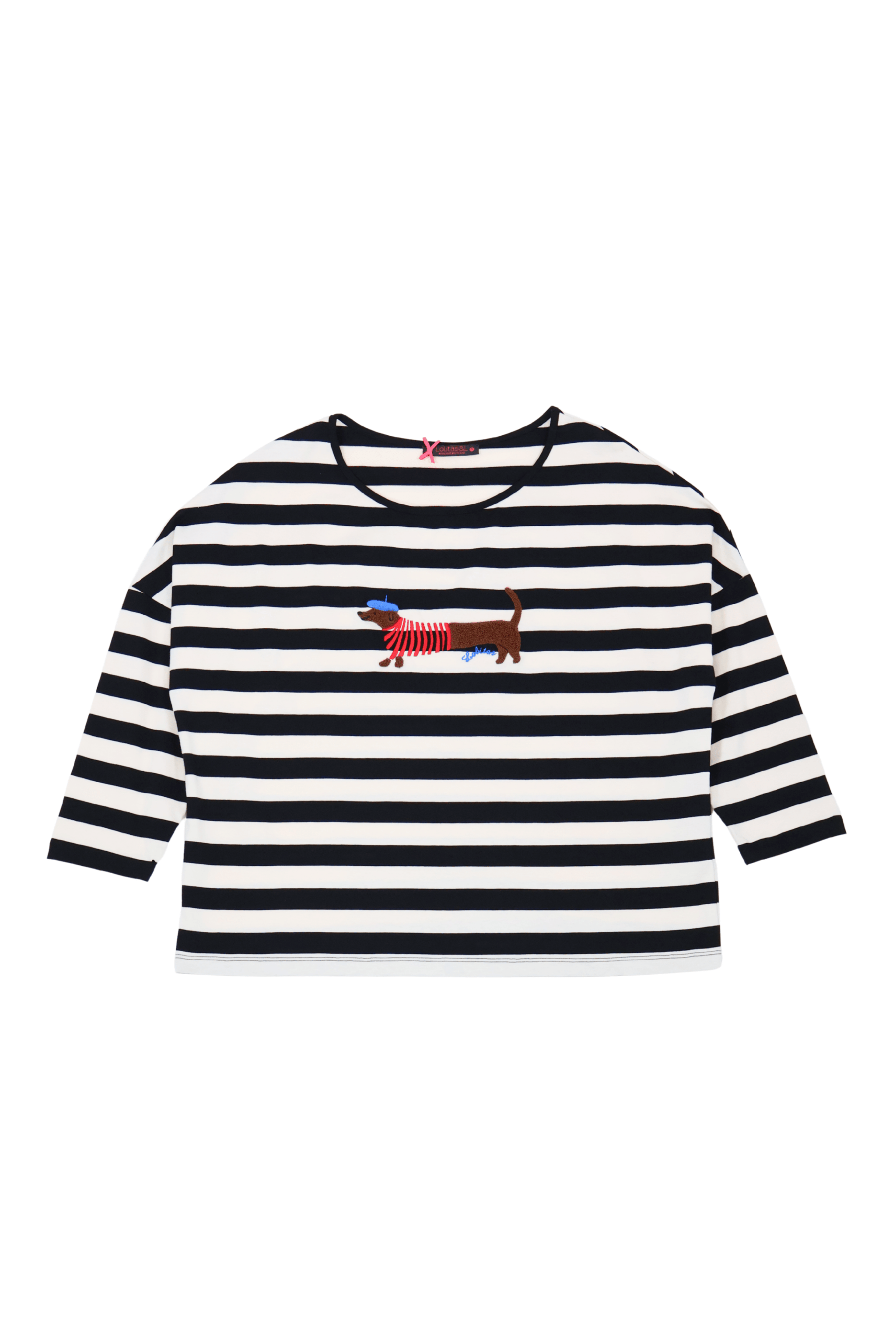 Camiseta blanca rayas con bordado perrito salchicha Lolitas&L - lolitasyl.com