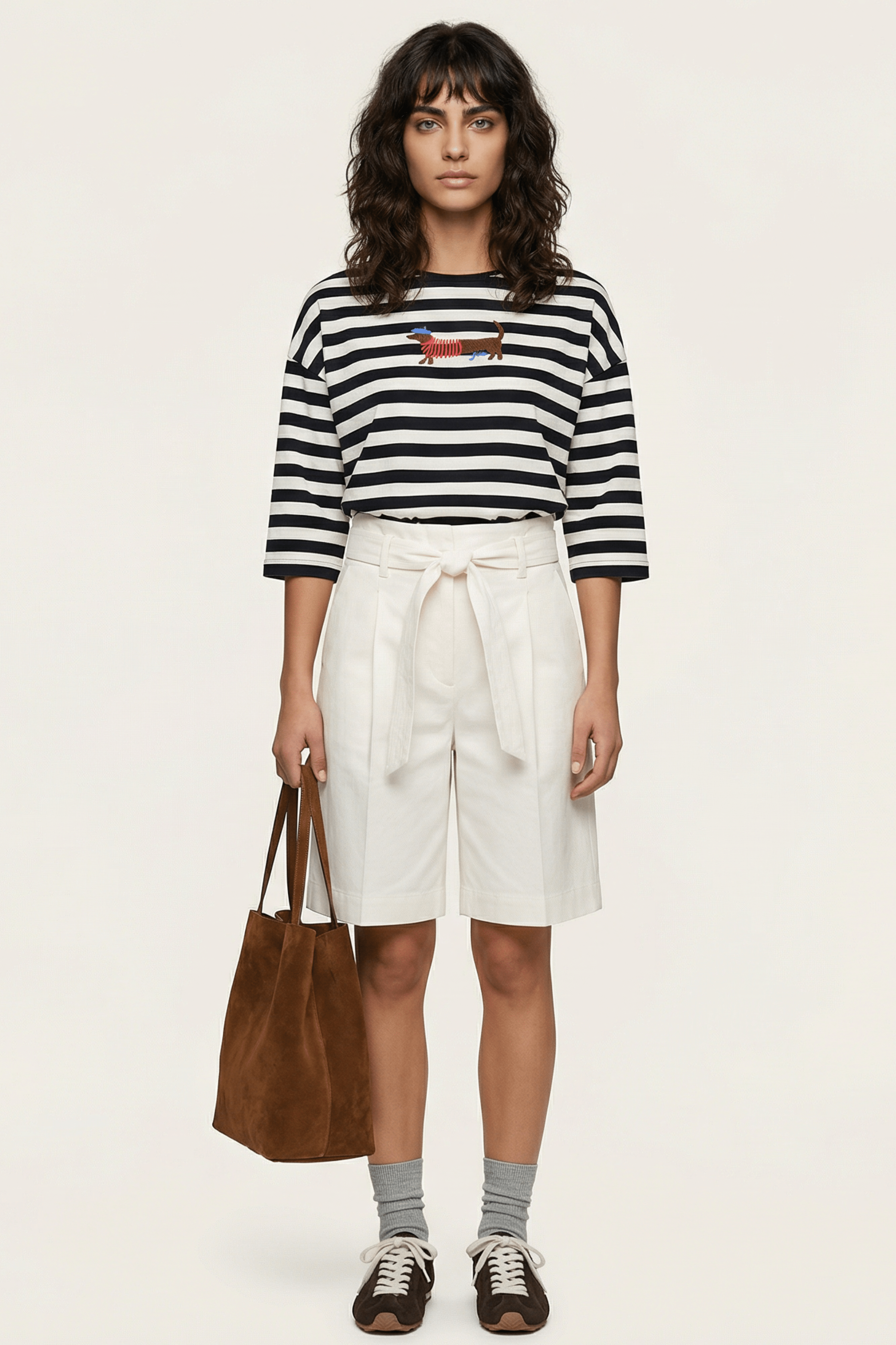 Camiseta blanca rayas con bordado perrito salchicha Lolitas&L - lolitasyl.com