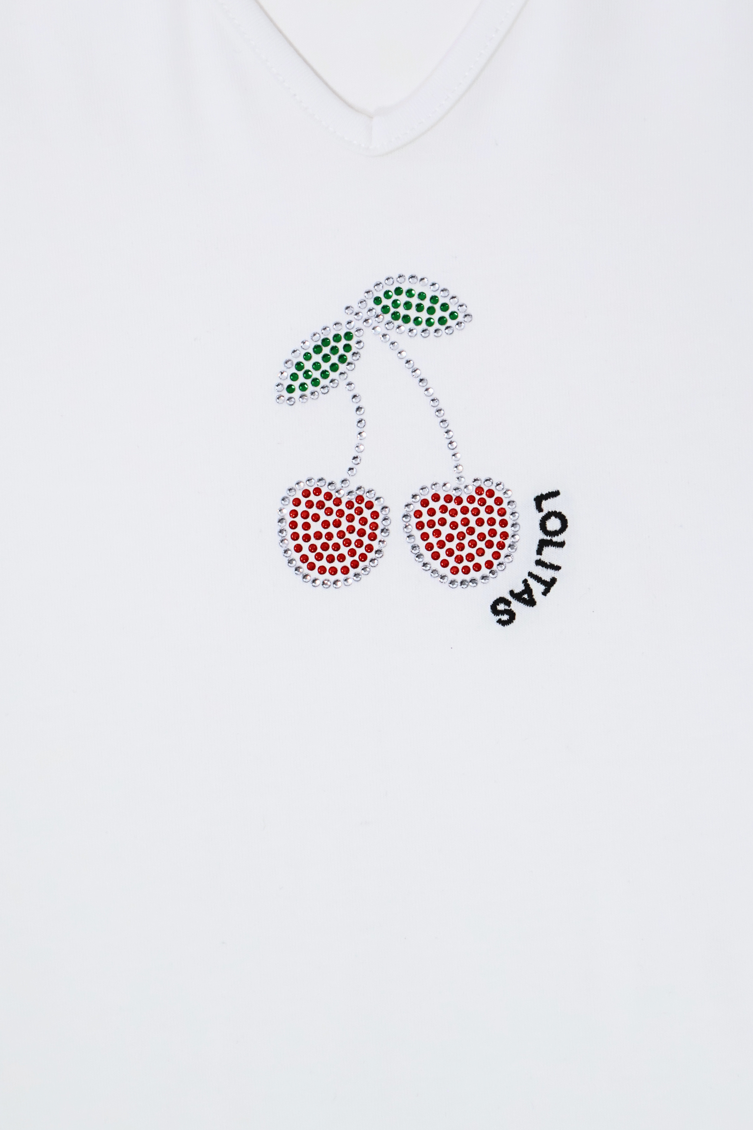 Camiseta blanca strass cerezas escote uve Lolitas&L - lolitasyl.com