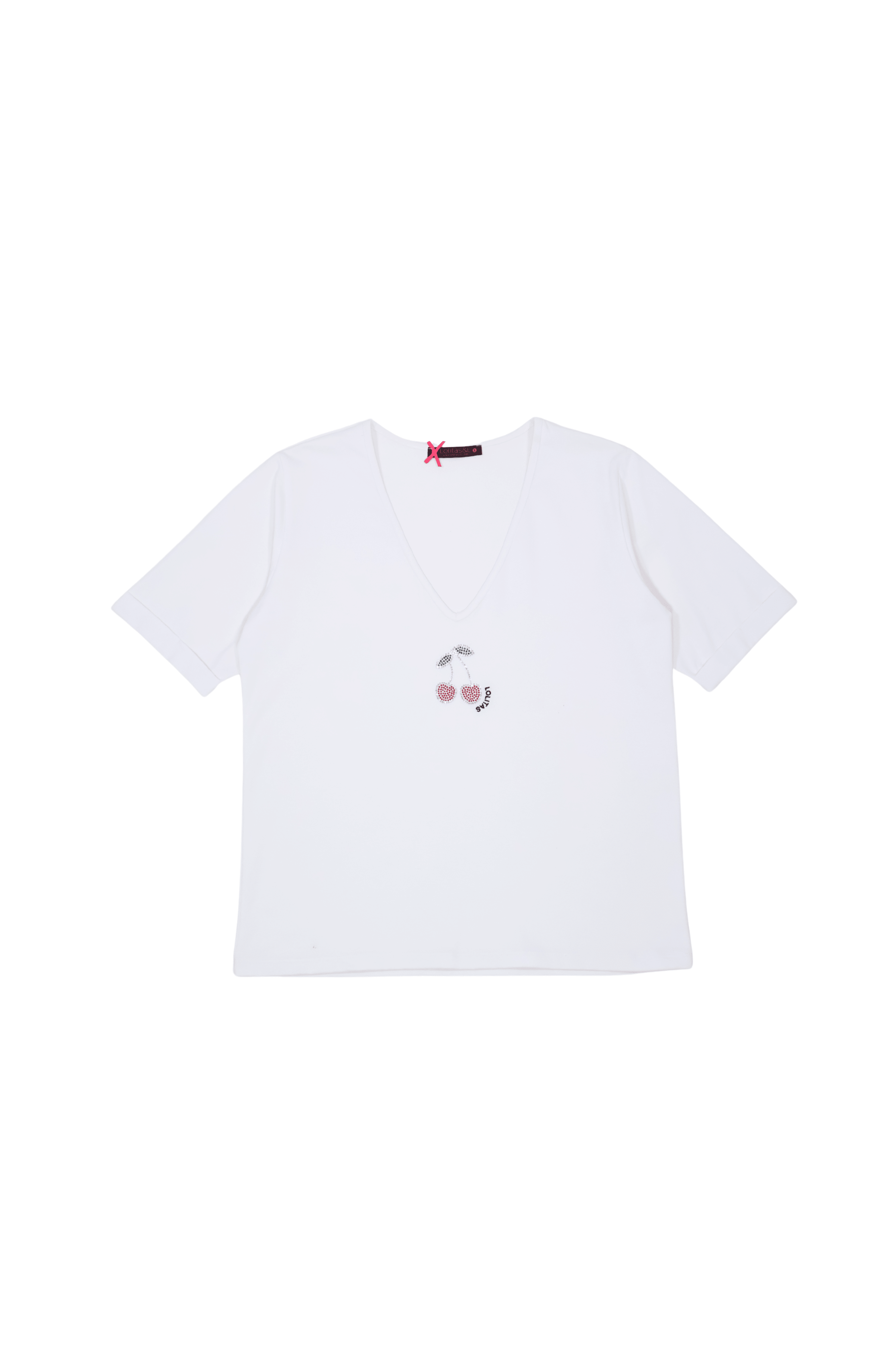 Camiseta blanca strass cerezas escote uve Lolitas&L - lolitasyl.com