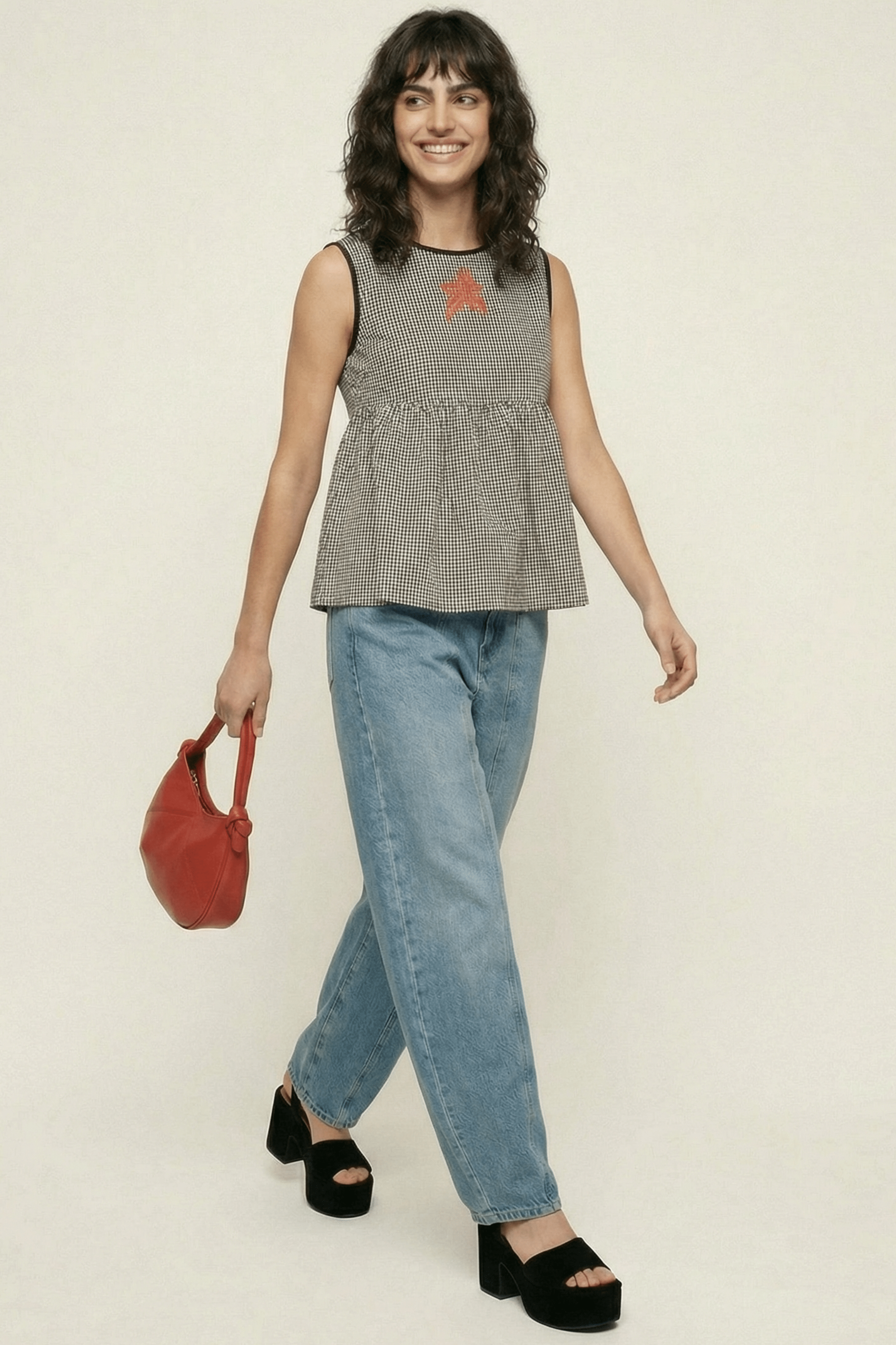 Camiseta cuadro vichy negro con bordado flor Lolitas&L - lolitasyl.com