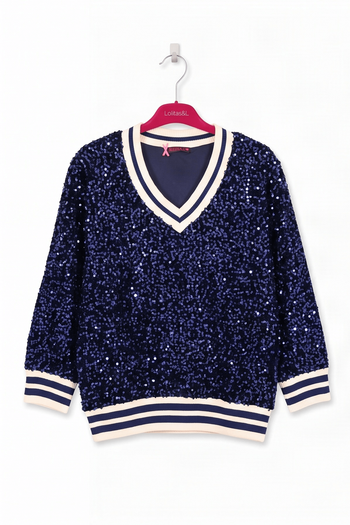 Camiseta de Lentejuelas Azul Marino con Acabados Elásticos Preloved - lolitasyl.com