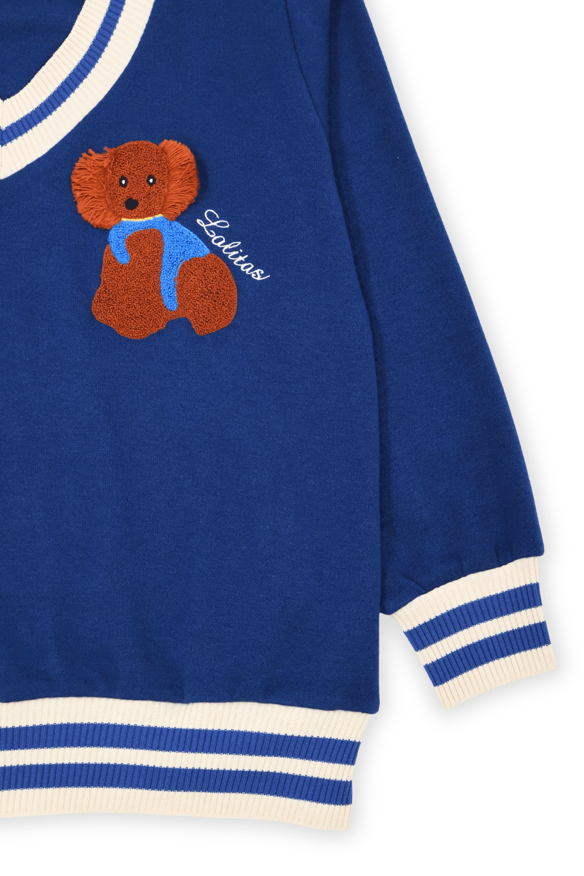 Camiseta de punto azul con elasticos y bordado osito Lolitas&L - lolitasyl.com