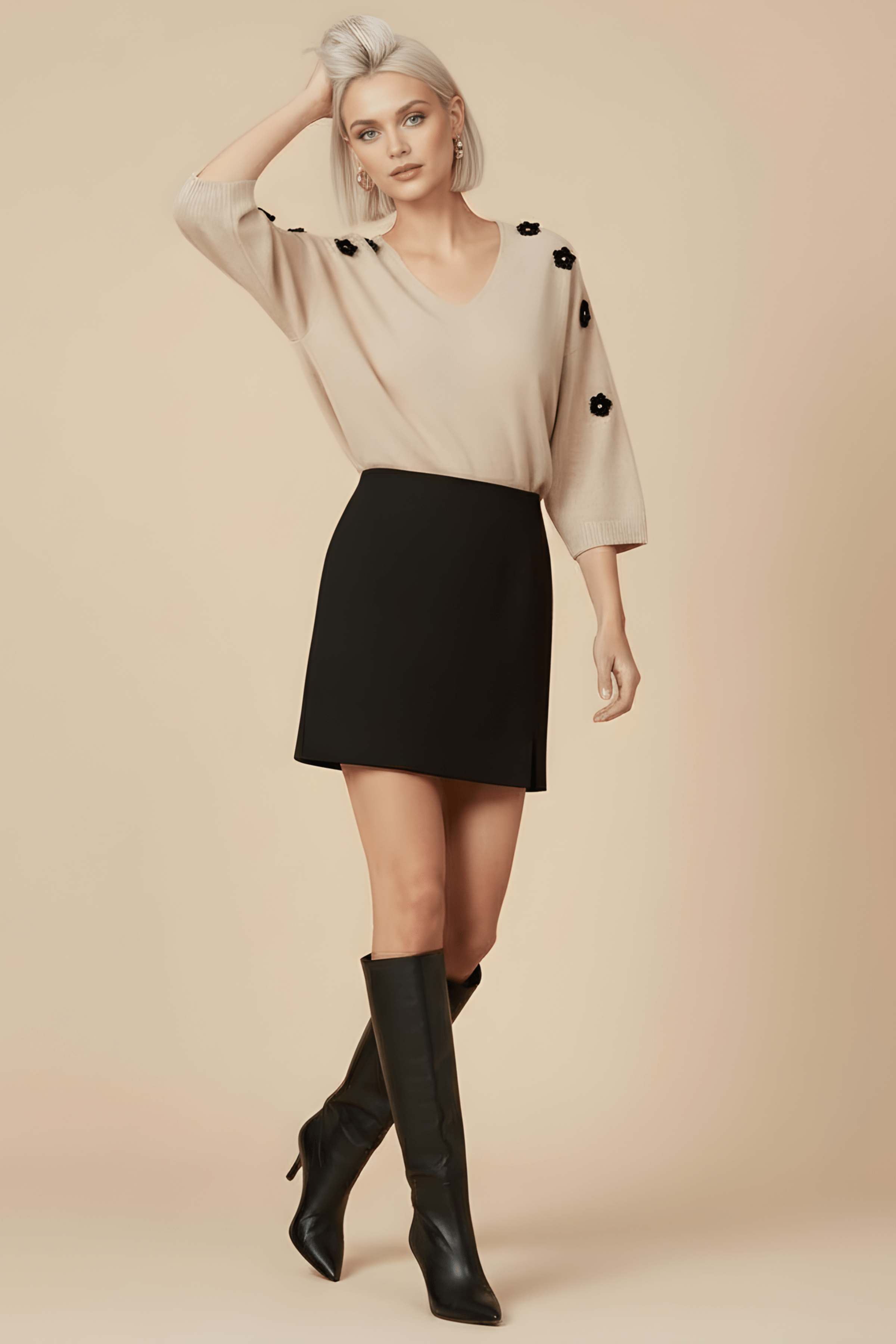 Camiseta de punto beige murcielago con flores antelina Lolitas&L - lolitasyl.com