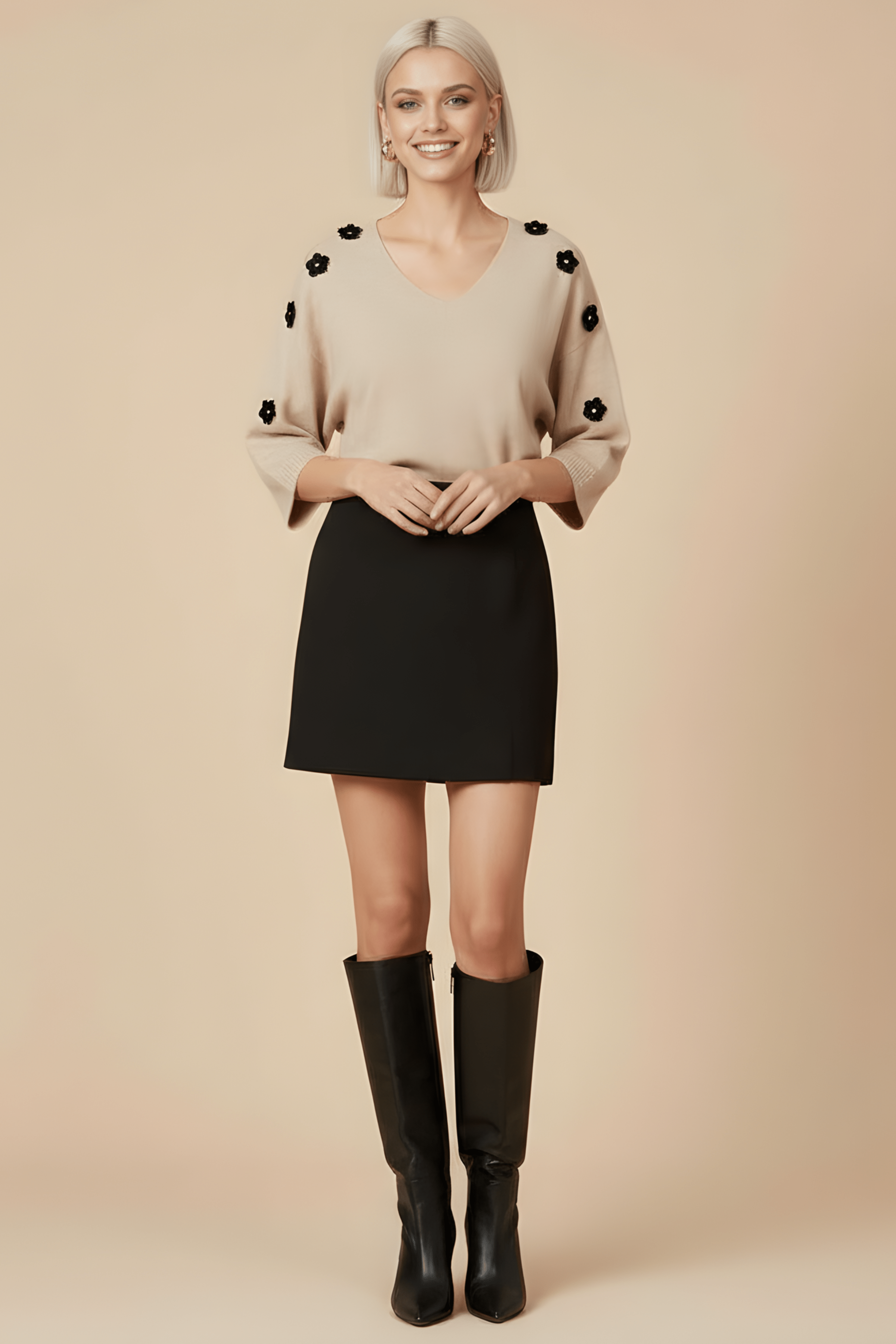 Camiseta de punto beige murcielago con flores antelina Lolitas&L - lolitasyl.com