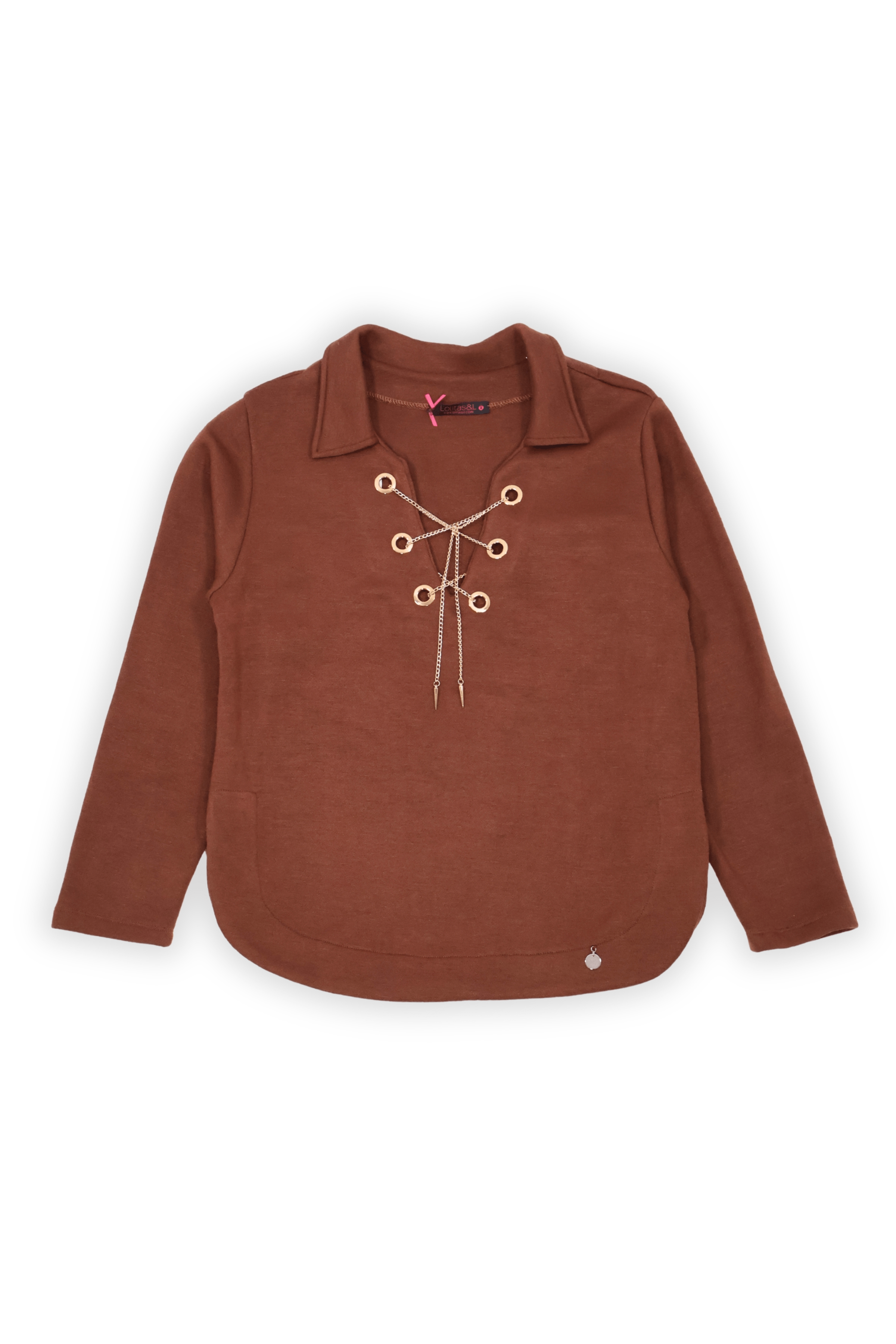 Camiseta de punto marrón con cadena dorada en el escote Lolitas&L - lolitasyl.com