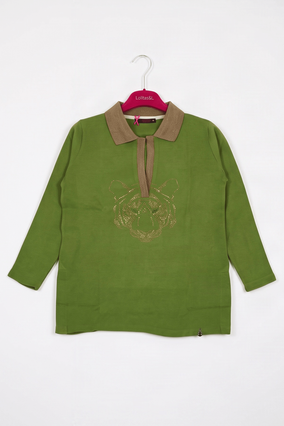 Camiseta de Punto Verde con Cuello Combinado y Felino de Strass Preloved - lolitasyl.com