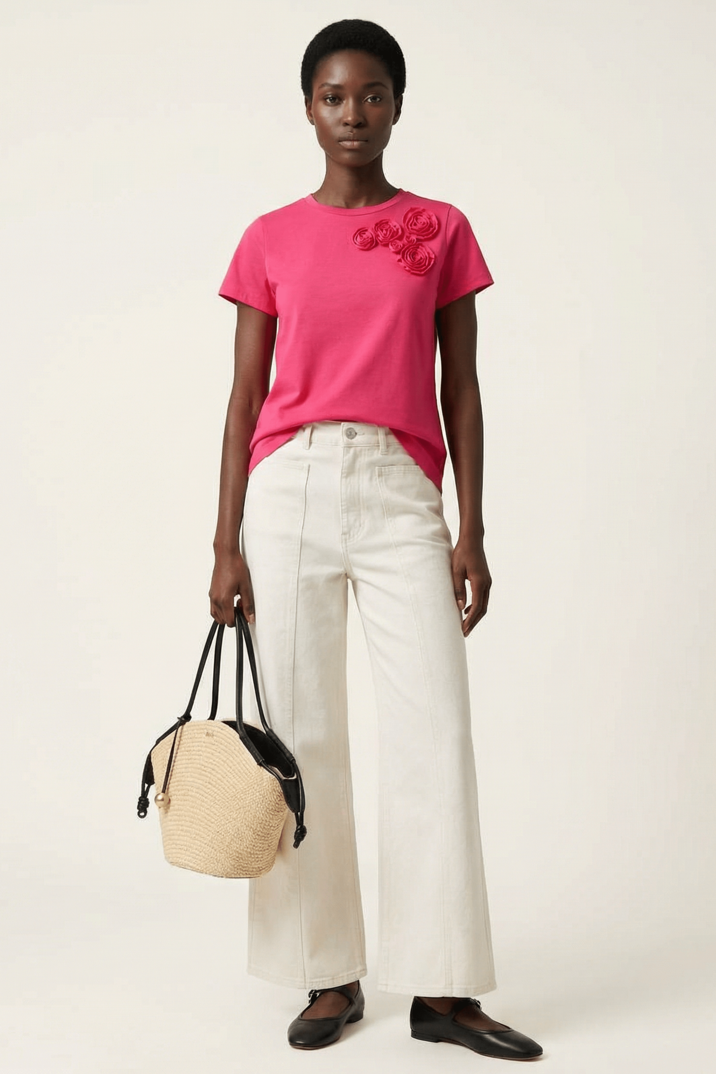 Camiseta fucsia bordado rosas aplicacion de manga corta Lolitas&L - lolitasyl.com