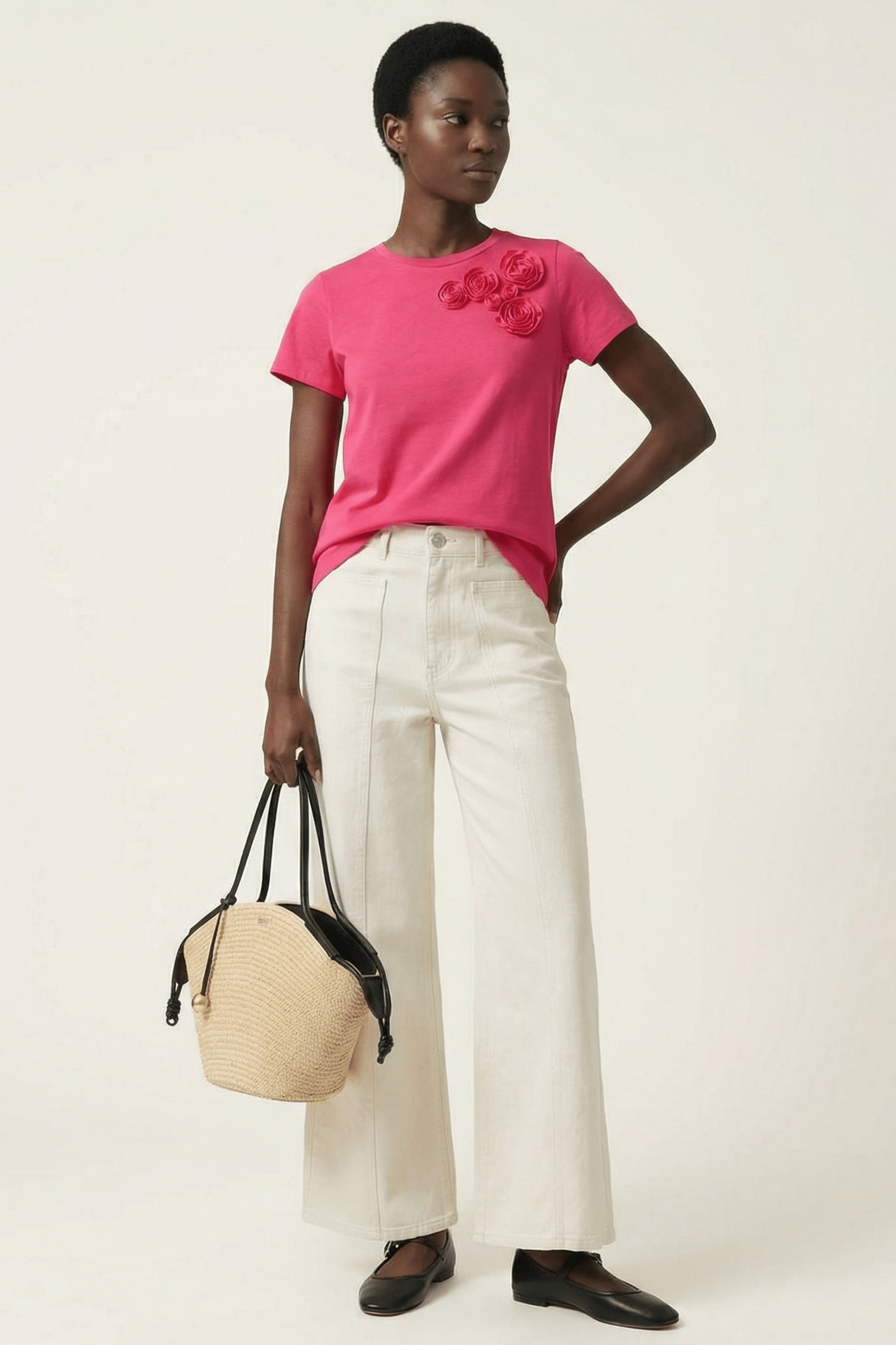 Camiseta fucsia bordado rosas aplicacion de manga corta Lolitas&L - lolitasyl.com