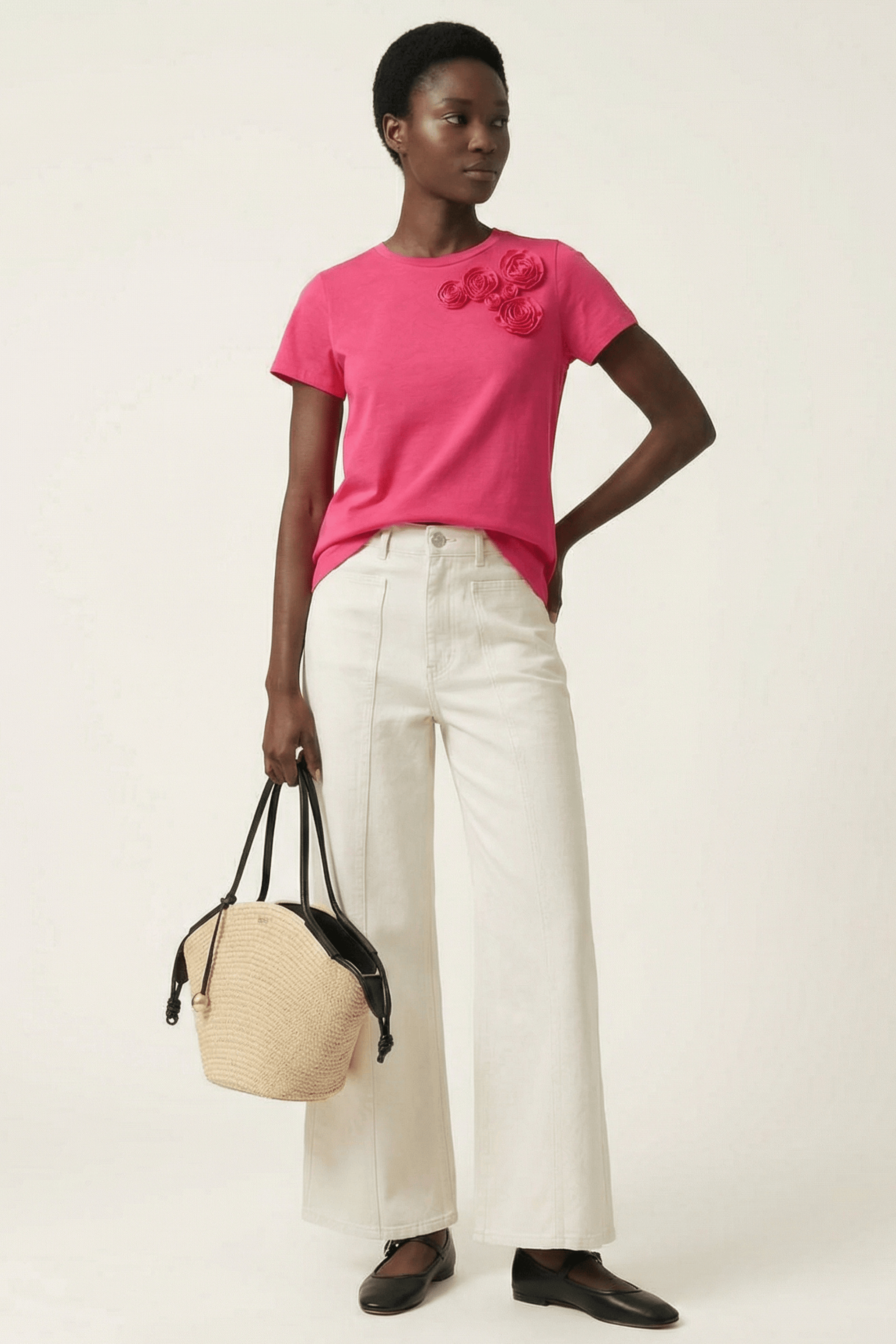 Camiseta fucsia bordado rosas aplicacion de manga corta Lolitas&L - lolitasyl.com