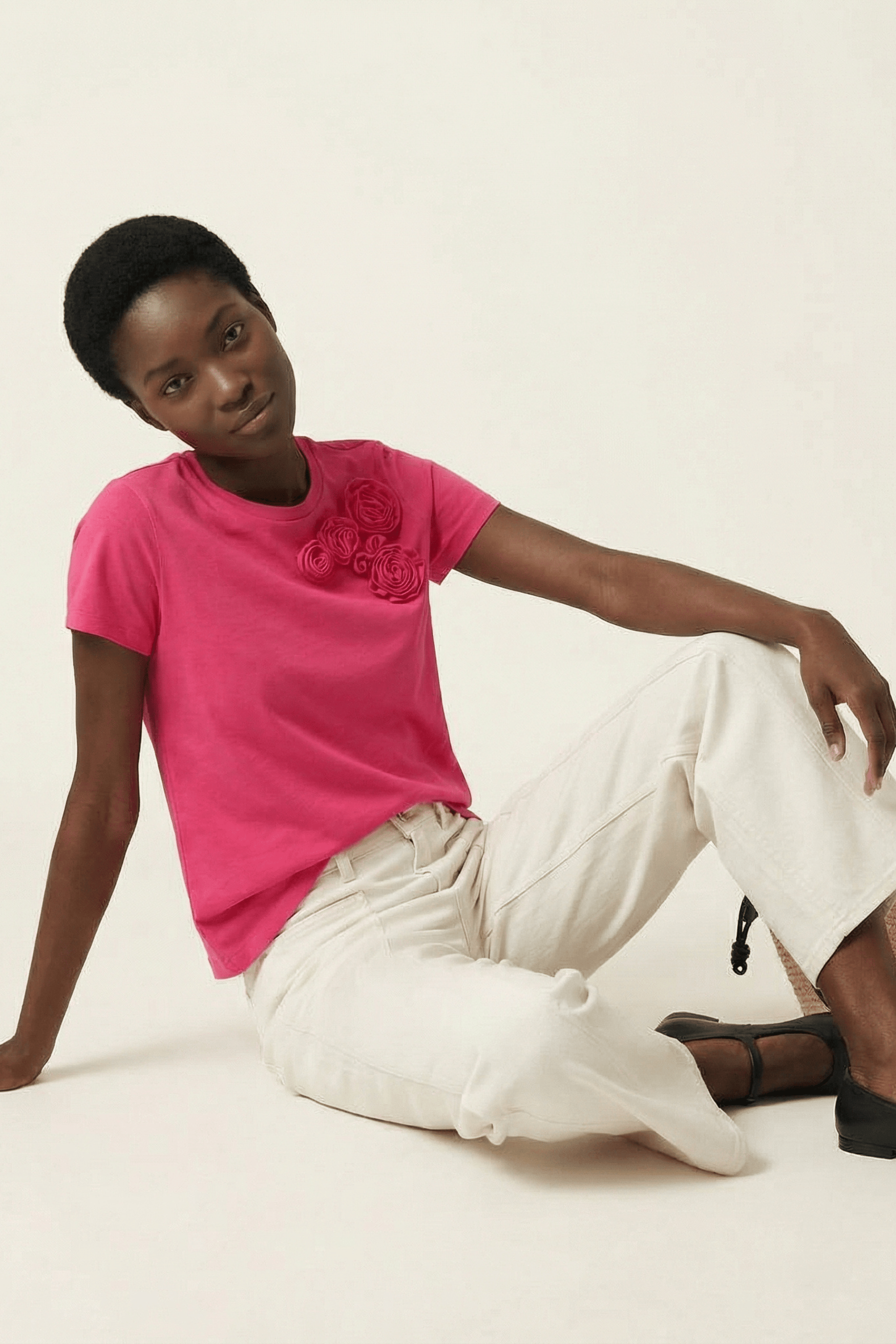 Camiseta fucsia bordado rosas aplicacion de manga corta Lolitas&L - lolitasyl.com