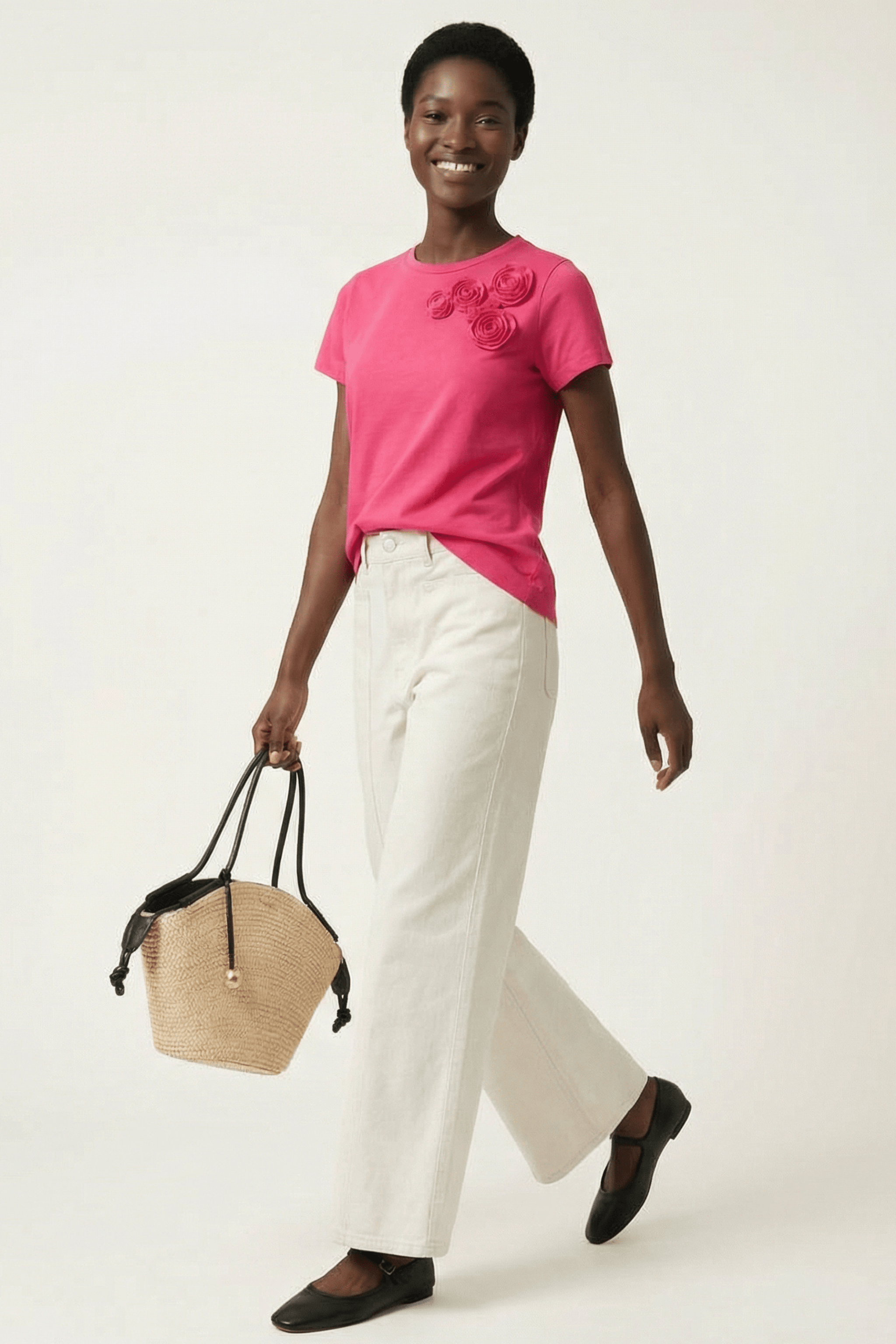 Camiseta fucsia bordado rosas aplicacion de manga corta Lolitas&L - lolitasyl.com