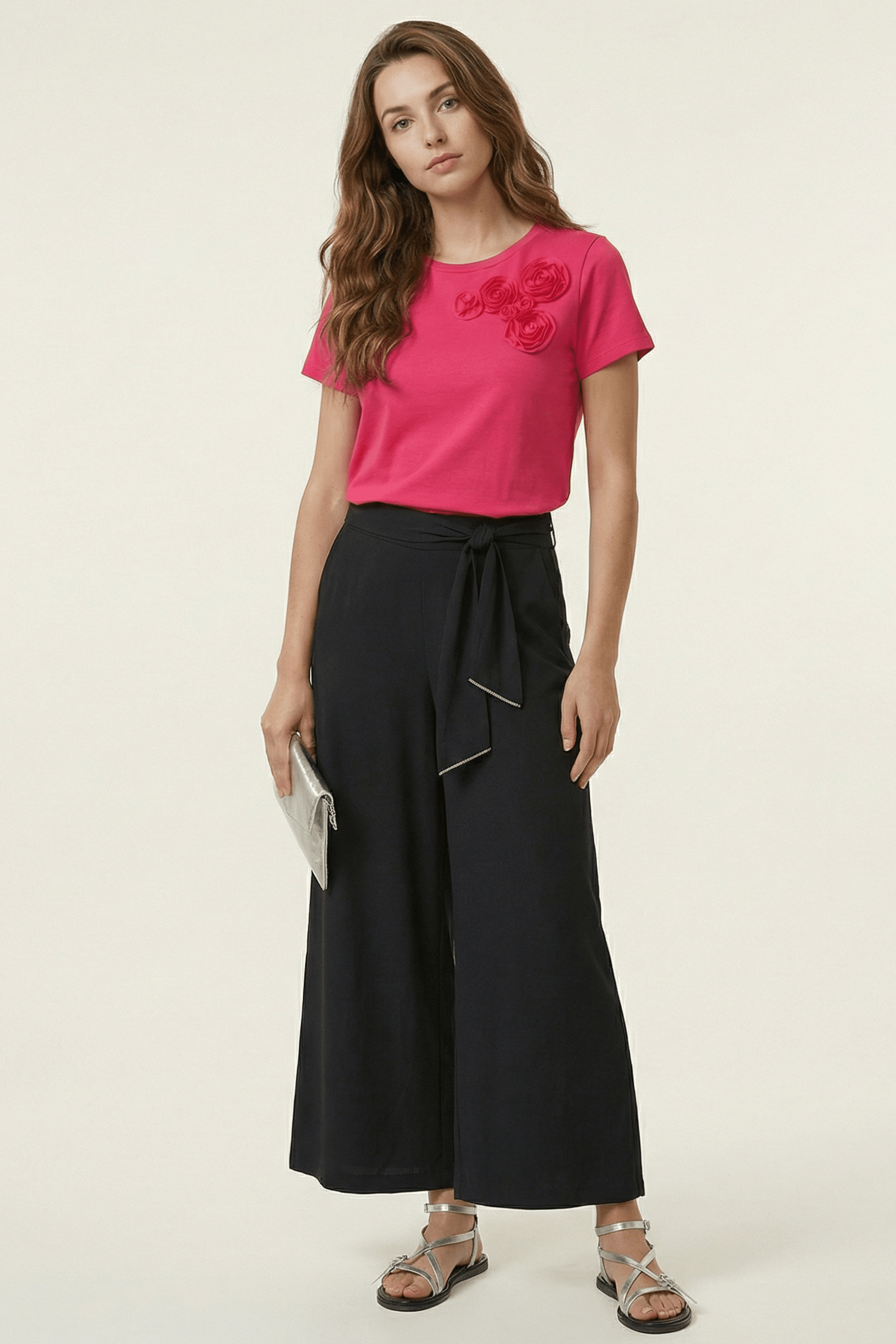 Camiseta fucsia bordado rosas aplicacion de manga corta Lolitas&L - lolitasyl.com