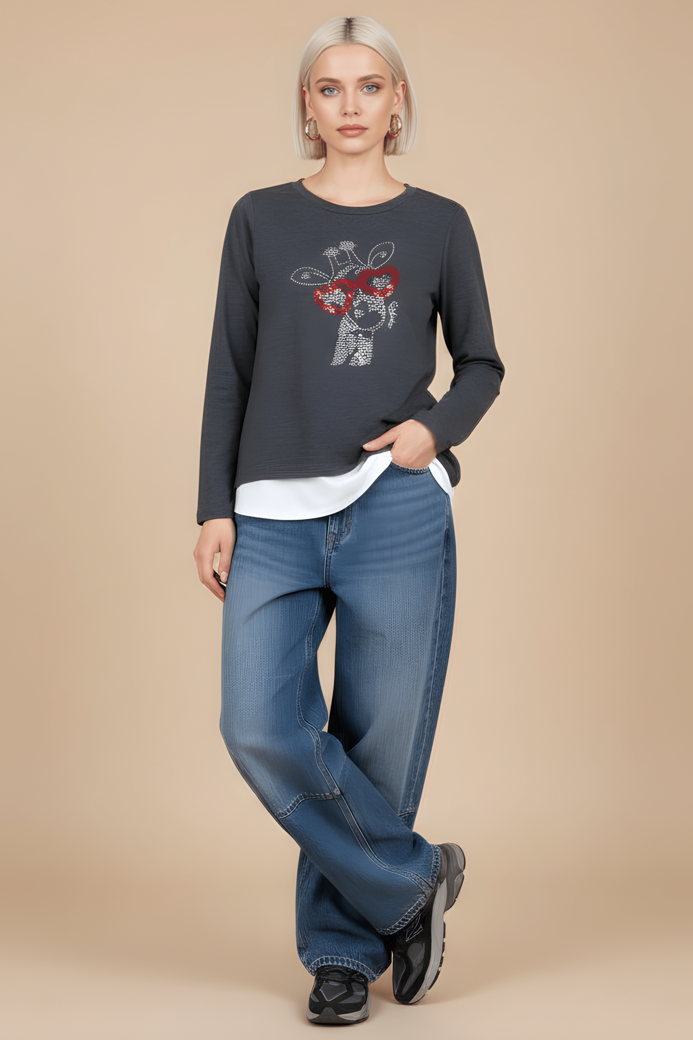 Camiseta gris antracita con girafa strass de manga larga Lolitas&L - lolitasyl.com