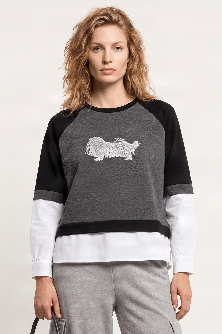 Camiseta gris antracita manga raglan camisera perro bordado Lolitas&L - lolitasyl.com