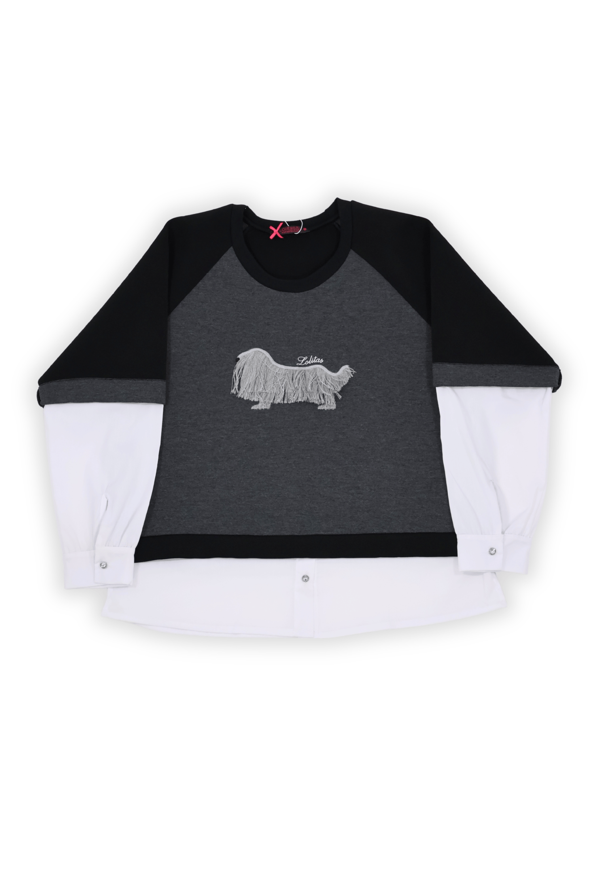 Camiseta gris antracita manga raglan camisera perro bordao Lolitas&L - lolitasyl.com